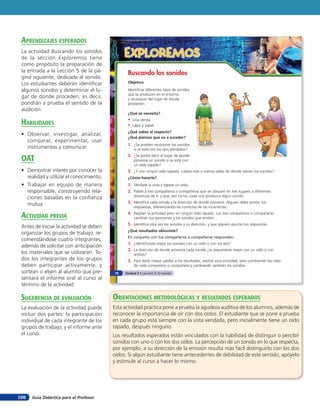 aprendiZaJes esperados
 La actividad Buscando los sonidos
 de la sección Exploremos tiene
                                               EXPLOREMOS
 como propósito la preparación de
 la entrada a la Lección 5 de la pá-            Buscando los sonidos
 gina siguiente, dedicada al sonido.
 Los estudiantes deberán identificar            Objetivo

 algunos sonidos y determinar el lu-            Identificar diferentes tipos de sonidos
                                                que se producen en el entorno
 gar de donde proceden, es decir,               y reconocer del lugar de donde
 pondrán a prueba el sentido de la              provienen.
 audición.
                                                ¿Qué se necesita?
                                                • Una venda
 HaBilidades                                    • Lápiz y papel
                                                ¿Qué sabes al respecto?
 • Observar, investigar, analizar,
                                                ¿Qué piensas que va a suceder?
   comparar, experimentar, usar
                                                1. ¿Se pueden reconocer los sonidos
   instrumentos y comunicar.                        si se está con los ojos vendados?
                                                2. ¿Se podrá decir el lugar de donde
 oaT                                                proviene un sonido si se está con
                                                    un oído tapado?
 • Demostrar interés por conocer la             3. ¿Y con ningún oído tapado, cuesta más o menos saber de dónde vienen los sonidos?
   realidad y utilizar el conocimiento.         ¿Cómo hacerlo?
 • Trabajar en equipo de manera                 1. Véndate la vista y tápate un oído.
   responsable, construyendo rela-              2. Pídele a tres compañeros o compañeras que se ubiquen en tres lugares a diferentes
                                                    distancias de ti, y que, por turno, cada uno produzca algún sonido.
   ciones basadas en la confianza
   mutua.                                       3. Identifica cada sonido y la dirección de donde proviene. Alguien debe anotar tus
                                                    respuestas, diferenciando las correctas de las incorrectas.

 acTiVidad preVia                               4. Repitan la actividad pero sin ningún oído tapado. Los tres compañeros o compañeras
                                                    cambian sus posiciones y los sonidos que emiten.
                                                5. Identifica otra vez los sonidos y su dirección, y que alguien apunte tus respuestas.
 Antes de iniciar la actividad se deben
                                                ¿Qué resultados obtuviste?
 organizar los grupos de trabajo, re-
                                                En conjunto con tus compañeros o compañeras respondan:
 comendándose cuatro integrantes,
                                                1. ¿Identificaste mejor los sonidos con un oído o con los dos?
 además de solicitar con anticipación
                                                2. La dirección de donde provenía cada sonido ¿la respondiste mejor con un oído o con
 los materiales que se utilizarán. To-              ambos?
 dos los integrantes de los grupos              3. Para darle mayor validez a los resultados, repitan esta actividad, pero cambiando los roles
 deben participar activamente, y                    de cada compañero o compañera y cambiando también los sonidos.
 sortean o elijen al alumno que pre-      72   Unidad 3 • Lección 5: El sonido
 sentará el informe oral al curso al
 término de la actividad.

 suGerencia de eValuación                 orienTaciones MeTodolóGicas Y resulTados esperados
 La evaluación de la actividad puede      Esta actividad práctica pone a prueba la agudeza auditiva de los alumnos, además de
 incluir dos partes: la participación     reconocer la importancia de oír con dos oídos. El estudiante que se pone a prueba
 individual de cada integrante de los     en cada grupo está siempre con la vista vendada, pero inicialmente tiene un oído
 grupos de trabajo, y el informe ante     tapado, después ninguno.
 el curso.                                Los resultados esperados están vinculados con la habilidad de distinguir o percibir
                                          sonidos con uno o con los dos oídos. La percepción de un sonido en lo que respecta,
                                          por ejemplo, a su dirección de la emisión resulta más fácil distinguirlo con los dos
                                          oídos. Si algún estudiante tiene antecedentes de debilidad de este sentido, apóyelo
                                          y estimule al curso a hacer lo mismo.




108   Guía Didáctica para el Profesor
 