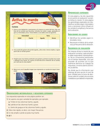 Unidad


                                                                                                 aprendiZaJes esperados
                                                                                                 En esta página y las dos siguientes

          Activa tu mente
                                                                                                 se encuentra la evaluación sumati-
                                                                                                 va Activa tu mente. En esta página
                                                                                                 los aprendizajes esperados son dos:
                                                                                                 clasificar sonidos según intensidad y
          Contesta                                                                               tono; y reconocer cómo influyen en
                                                                                                 los sonidos la amplitud y frecuencia
          1. Entra a una habitación y permanece a lo menos un cuarto de hora. Haz una
            lista de los sonidos que escuchas, incluidos los ruidos. Luego, agrúpalos se-
                                                                                                 de la vibración.
            gún su intensidad y tono. Transcríbelos a una tabla como la siguiente:

                             Intensidad                           Tono
                                                                                                 indicadores de loGros
                     Débil                Fuerte          Agudo            Grave                 • Identifican los sonidos según in-
                                                                                                   tensidad y tono.
                                                                                                 • Reconocen el efecto de la ampli-
                                                                                                   tud y la frecuencia de la vibración.

                                                                                                 suGerencia de eValuación
          2. Una cuerda de guitarra de sonido agudo, ¿vibra más o menos rápido, o igual,
            que la de un sonido grave?                                                           Por tratarse Activa tu mente de una
                                                                                                 evaluación sumativa, cada estudian-
                                                                                                 te debe responderla individualmen-
                                                                                                 te. No es conveniente presionarlos
          3. Imagina que una misma cuerda de una guitarra, primero se pulsa muy suave
            y después muy fuerte. En cuanto al recorrido de la vibración de la cuerda,
                                                                                                 con el tiempo disponible, sino que
            ¿en cuál caso es más amplio?                                                         proceder de acuerdo con lo que
                                                                                                 realmente demoran en trabajar las
                                                                                                 respuestas, al menos dentro de lími-
                                                                                                 tes prudentes.
          4. Marca con una X aquella imagen que represente un sonido de mayor inten-
            sidad.                                                                               No olvide que la información que
                                                                                                 obtenga de esta sección le será de
            a)                                       b)
                                                                                                 gran utilidad para la toma de deci-
                                                                                                 siones sobre la unidad y las acciones
                                                                                                 niveladoras que deberán emprender.



                                                                                            79




orienTaciones MeTodolóGicas Y resulTados esperados
Las respuestas esperadas en esta página podrían ser:
1. Se supone una gran variedad de ejemplos; por ejemplo:
  a. Timbre en las columnas fuerte y agudo.
  b. Ladrido en las columnas fuerte y grave.
  c. Llanto de guagua en las columnas fuerte y agudo.
2. Vibra más rápido, es decir, con mayor frecuencia.
3. Es más amplio cuando se pulsa muy fuerte.
4. a) X




                                                                                                        Unidad 3: La luz y el sonido   115
 