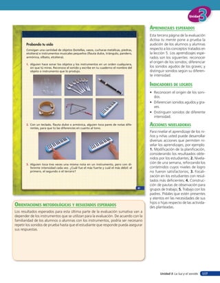 Unidad


                                                                                              aprendiZaJes esperados
                                                                                              Esta tercera página de la evaluación
                                                                                              Activa tu mente pone a prueba la
       Probando tu oído                                                                       audición de los alumnos y alumnas
       Consigan una cantidad de objetos (botellas, vasos, cucharas metálicas, piedras,        respecto a los conceptos tratados en
       etcétera) e instrumentos musicales pequeños (flauta dulce, triángulo, pandero,         la lección 5. Los aprendizajes espe-
       armónica, silbato, etcétera).                                                          rados son los siguientes: reconocer
                                                                                              el origen de los sonidos; diferenciar
       1. Alguien hace sonar los objetos y los instrumentos en un orden cualquiera,
         sin que tú mires. Reconoce el sonido y escribe en tu cuaderno el nombre del          los sonidos agudos de los graves; y
         objeto o instrumento que lo produjo.                                                 distinguir sonidos según su diferen-
                                                                                              te intensidad.

                                                                                              indicadores de loGros
                                                                                              • Reconocen el origen de los soni-
                                                                                                dos.
                                                                                              • Diferencian sonidos agudos y gra-
                                                                                                ves.
                                                                                              • Distinguen sonidos de diferente
                                                                                                intensidad.

       2. Con un teclado, flauta dulce o armónica, alguien toca pares de notas dife-          acciones niVeladoras
         rentes, para que tú las diferencies en cuanto al tono.
                                                                                              Para nivelar el aprendizaje de los ni-
                                                                                              ños y niñas usted puede desarrollar
                                                                                              diversas acciones que permiten ni-
                                                                                              velar los aprendizajes; por ejemplo:
                                                                                              1. Modificación de la planificación,
                                                                                              considerando los resultaados obte-
                                                                                              nidos por los estudiantes; 2. Nivela-
       3. Alguien toca tres veces una misma nota en un instrumento, pero con di-              ción de una semana, reforzando los
         ferente intensidad cada vez. ¿Cuál fue el más fuerte y cuál el más débil: el         contetnidos cuyos niveles de logro
         primero, el segundo o el tercero?                                                    no fueron satisfactorios; 3. Focali-
                                                                                              zación en los estudiantes con resul-
                                                                                              tados más deficientes; 4. Construc-
                                                                                              ción de pautas de observación para
                                                                                         81
                                                                                              grupos de trabajo; 5. Trabajo con los
                                                                                              padres. Pídales que estén presentes
                                                                                              y atentos en las necesidades de sus
                                                                                              hijos o hijas respecto de las activida-
orienTaciones MeTodolóGicas Y resulTados esperados                                            des planteadas.
Los resultados esperados para esta última parte de la evaluación sumativa van a
depender de los instrumentos que se utilizan para la evaluación. De acuerdo con la
familiaridad de los alumnos o alumnas con los instrumentos, podría ser necesario
repetir los sonidos de prueba hasta que el estudiante que responde pueda asegurar
sus respuestas.




                                                                                                     Unidad 3: La luz y el sonido   117
 