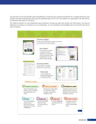 Esta sección es muy útil también para el apoderado o la persona que ayuda al estudiante en su trabajo personal, pues
puede informarse rápidamente de lo que se pretende que el niño o la niña realicen en cada página. De esta forma,
la utilización del texto es más eficaz.
Por todo lo anterior, es muy importante que el docente no pase por alto esta sección de información, sino que se
detenga y la analice en conjunto con sus estudiantes. Es una actividad recomendable para la formación del futuro
lector o lectora.




                                                                                                                                                 Conciencia ecológica
                                                                                                                                                 En esta sección podrás conocer y aportar activamente
                                                    ¡Sembremos árboles nativos!

                                Muchas veces pensamos que todos los árboles son beneficiosos para un
                                                                                                                                                 a la conservación de nuestro ambiente.
                                ambiente determinado. Sin embargo, algunas especies resultan ser peli-
                                grosas para los ecosistemas de nuestro país, puesto que han sido intro-
                                ducidas en ellos, traídas desde otros países. Hay cerca de 700 especies
                                vegetales foráneas cultivadas en áreas urbanas y rurales de Chile.
                                Entre ellas se cuenta la zarzamora, el espinillo y la retamilla, consideradas
                                plantas invasoras que han quitado espacio a las plantas nativas, ya que
                                sus densos matorrales impiden el desarrollo de plantas nativas.
                                Una alternativa para disminuir este problema es sembrar árboles nativos.
                                La ejecución de un proyecto escolar de reproducción de árboles nativos
                                regionales para reforestar áreas silvestres, puede iniciarse con la recolec-
                                ción de semillas, crear un vivero escolar, sembrar, entregar cuidado a las
                                plántulas y luego reforestar áreas locales. ¡Anímate a hacerlo, el planeta te
                                lo agradecerá!

                                                               Árboles nativos de Chile

                                                                                                                                                       Zona científica                               Estudiemos la naturaleza
                                                                                                                                                                                                     Procesos científicos: observar, describir.
                                                                                                                                                                                                     Destreza: realizar observaciones de los recursos ambientales y proponer medidas de
                                                                                                                                                                                                     protección.
                                                                                                                                                                                                                                                                                                                Misión
                                                                                                                                                                                                                                                                                                                1. Describir los distintos organismos vivos que utilizan el árbol como refugio o
                                                                                                                                                                                                                                                                                                                   buscan en él alimento.
                                                                                                                                                                                                                                                                                                                2. Explicar el comportamiento de algunos animales y su importancia en la repro-
                                                                                                                                                                                                                                                                                                                   ducción del árbol seleccionado.



                                                                                                                                                       En esta sección se presenta
                                                                                                                                                                                                     Conceptos: recurso, protección.
                                                                                                                                                                                                                                                                                                                3. Explicar por qué debería cuidarse esa especie de árbol, plantear medidas de
                                                                                                                                                                                                     Instrucciones generales
                                                                                                                                                                                                                                                                                                                   cuidado para su preservación y uso racional si tiene interés para las personas.
                                                                                                                                                                                                     1. Visita el patio de tu escuela o los alrededores de la localidad donde vives.
                                                                                                                                                                                                     2. Selecciona un árbol que puedas observar detenidamente.                                                  Discute
                                                                                                                                                                                                     3. Describe el árbol seleccionado.                                                                         1. ¿Qué especies invertebradas viven en el árbol?




                                                                                                                                                       un concepto de Ciencia
                                                                                                                                                                                                     4. Cuenta cuántos árboles de la misma especie hay en las proximidades.                                     2. ¿Cuáles lo hacen en el suelo, entre sus hojas o raíces?
                                Araucaria                            Coihue                            Palma chilena                                                                                 5. Observa cuántos animales lo ocupan como refugio: arácnidos que vivan en las                             3. ¿Qué vertebrados usan el árbol como refugio, parada o se alimentan de sus se-
                                                                                                                                                                                                        grietas de su tronco, aves que construyan sus nidos, insectos que visiten sus                               millas o frutos?
                                                                                                                                                                                                        flores, plantas parásitas, musgo, etcétera.
                                                                                                                                                                                                                                                                                                                4. ¿Qué plantas lo parasitan?
                                                                                                                                                                                                     6. Observa el suelo alrededor del árbol, busca algunos invertebrados que vivan
                                                                                                                                                                                                                                                                                                                5. ¿Qué hierbas viven bajo su follaje?
                                                                                                                                                                                                        entre las hojas caídas, aves o roedores que busquen semillas, hongos que estén



                                                                                                                                                       conectado a un proceso de
                                                                                                                                                                                                        reciclando materia u otras plantas que vivan bajo él.                                                   6. ¿Había hongos bajo él?
                                                                                                                                                                                                     7. Repite la inspección en los árboles vecinos de la misma especie.                                        7. ¿Qué animales beneficiarán la reproducción del árbol? ¿Cómo?
                   34    Unidad 1 • Lección 2: Nuestras plantas                                                                                                                                                                                                                                                 8. ¿Qué razón expondrías para proteger esa especie?
                                                                                                                                                                                                     8. Averigua los usos que le dan las personas a ese árbol.
                                                                                                                                                                                                     9. Registra la información.                                                                                9. ¿Cómo se debería cuidar?
                                                                                                                                                                                                                                                                                                                10. ¿Cuál es tu propuesta de uso racional si la especie es usada comercialmente:




                                                                                                                                                       tal forma que puedes integrar
                                                                                                                                                                                                      Especie:                                                                                                      leña, carbón vegetal, forraje, medicina, artesanía?
                                                                                                                                                                                                                                Árbol 1             Árbol 2                Árbol 3                Árbol 4

                                                                                                                                                                                                      Insectos
                                                                                                                                                                                                      observados

                                                                                                                                                                                                      Arácnidos



                                                                                                                                                       el aprendizaje a una sola
                                                                                                                                                                                                      observados

                                                                                                                                                                                                      Aves observadas


                                                                                                                                                                                                      Plantas parásitas



                                                                                                                                                       destreza de esta disciplina.                   Mamíferos
                                                                                                                                                                                                      observados

                                                                                                                                                                                                      Otros


                                                                                                                                                                                            38    Unidad 1                                                                                                                                    Observar, experimentar, investigar, registrar, formular preguntas, analizar y comunicar   39




                           Diccionario científico
                           A                                                          F



                                                                                                                                                 Diccionario científico
                           Agua: líquido sin color, olor o sabor. El agua es un       Fruto: parte de la planta que proviene de la transfor-
                           líquido necesario para el desarrollo de los seres vivos.   mación de la flor y contiene varias semillas.
                           Se encuentra en ríos, lagunas o mares, entre otros.        Flor: parte de la planta donde se encuentran los órga-
                           Aire: mezcla de gases que están sobre la Tierra. Está      nos reproductores. Estas suelen tener formas y colores
                           compuesto de nitrógeno, oxígeno y otros gases. El aire     variados que atraen a los animales que transportan el
                           tiene los componentes que necesitamos para respirar.       polen para su reproducción.
                                                                                      Fotosíntesis: proceso químico que ocurre en las



                                                                                                                                                 Lista de palabras y conceptos
                           Alimento: todo aquello que los seres vivos comen y
                           beben y que es útil para su subsistencia. Los cereales,    plantas y por el cual la energía de la luz solar, agua y
                           las carnes, las frutas, etcétera, contienen sustancias     dióxido de carbono son transformados en su propio
                           nutritivas; por ejemplo, las proteínas.                    alimento.

                           Atmósfera: es la capa de gases que cubre la Tierra.        G
                           Esta capa de gases nos ayuda a protegernos de los          Galaxia: estructura del Universo formada por pla-
                                                                                                                                                                                                             Prueba saber
                                                                                                                                                 científicos con su significado.
                           rayos solares.                                             netas, satélites, meteoros, cometas y estrellas. Las
                                                                                      galaxias se clasifican según su apariencia: en forma
                           C                                                          de espiral, irregular y otras. Nuestra galaxia se llama                                                                                                                                                                   6. ¿Cuál de las partes de la flor, según la                 9. Seguramente eres gran deportista y
                           Color: cuando la luz se refleja en la superficie de los    Vía Láctea.                                                                                                     Selecciona la opción correcta. Márcala con una X.                                                                figura 3, se convertirá en una fruta?                     necesitas alimentos que contengan
                           objetos emiten una impresión visual, eso es lo que                                                                                                                                                                                                                                                                                                    mucha energía para desarrollar tus
                                                                                      Grasa: sustancia sólida o líquida de origen animal o
                           conocemos como color. Los colores primarios son rojo,                                                                                                                    1. Según la figura 1, ¿en qué estructura           4. ¿Cuál es el orden correcto del desa-                            a) D                                                   actividades físicas. ¿Qué grupo de
                                                                                      vegetal. Son necesarias en nuestra alimentación. Sin
                           amarillo y azul.                                                                                                                                                             de la planta se produce la absorción                  rrollo de una planta como la de la                          b) B                                                   nutrientes deberías consumir mayo-
                                                                                      embargo, un consumo inadecuado crea serios proble-
                                                                                                                                                                                                        de agua y sales minerales?                            figura 2?                                                                                                          ritariamente?
                           Crecimiento: desarrollo natural de los seres vivos         mas en la salud.                                                                                                                                                                                                                    c) C                            A
                           que permite que aumente su tamaño; por ejemplo,                                                                                                                                    a) A.                                                                                                       d) A                                                        a) Carbohidratos.
                           un pollito nace de un huevo, pero el crecimiento lo
                                                                                      H
                                                                                                                                                                                                                                                A
                           convierte en gallo o gallina.                              Hábitat: espacio donde vive una especie de los se-                                                                      b) C.                                                                                                                                                  B
                                                                                                                                                                                                                                                                                                                                                                                      b) Vitaminas.
                                                                                      res vivos. Este lugar tiene las condiciones ambientales                                                                 c) B.                                                                                                                                                                   c) Proteínas.
                           D                                                          favorables para que se desarrollen y se reproduzcan
                                                                                                                                                                                                              d) D.
                           Día: tiempo que tarda la Tierra en dar una vuelta          efectivamente.                                                                                                                                                                                                               E                                                                  d) Agua.
                           sobre sí misma. Suele ser en 24 horas.                     Hoja: parte de la planta que sale del tallo o de la                                                                                                       B
                                                                                      rama. Suelen ser planas, verdes y de diversas formas.
                           Dieta balanceada: cuando ingerimos porciones                                                                                                                                                                                                                                                                                                     10. ¿Cuál de estos desayunos es ideal para



                                                                                                                                                         Prueba saber
                                                                                                                                                                                                                                                C
                           adecuadas de los cinco grupos de alimentos: frutas,                                                                                                                                                                                                                                                                                                   un estudiante como tú?
                                                                                      I                                                                                                                                                                       Figura 2
                           lácteos, vegetales, cereales, carnes y sustitutos.                                                                                                                                                                                                                                                     D                             C
                                                                                      Intoxicación: sucede al consumir alimentos contami-                                                                                                       D                                                                                                                                     a) Una bebida gaseosa con un trozo
                                                                                                                                                                                                                                                                                                                    Figura 3
                           E                                                          nados. Puede ocurrir en cualquier parte si no te lavas                                                                                                                                                                                                                                              de pizza.
                                                                                                                                                                                                                                                                  a) Germinación, reproducción, de-
                                                                                      bien las manos antes de comer, o bien si los alimentos                                                                                                                                                                    7. ¿Qué obtenemos de las plantas me-
                           Ecosistema: comprende a las comunidades de plan-           están sin refrigerar durante largos períodos de tiempo.
                                                                                                                                                                                                                  Figura 1                                               sarrollo de la planta.                                                                                       b) Un vaso de leche con cereales y
                           tas, animales o todos los seres vivos que habitan en                                                                                                                                                                                                                                        dicinales?
                                                                                                                                                                                                    2. Considerando la misma figura 1, ¿qué                       b) Reproducción, polinización, árbol                                                                                    tostadas con mermelada.
                           cierto lugar y los cuales interactúan entre ellos y su     L                                                                                                                 estructura de la planta es útil para su                          adulto.                                          a) Madera para casas y botes.                               c) Dos huevos fritos, pan amasado



                                                                                                                                                         En la que hallarás una
                           medioambiente.
                                                                                      Luna: es un satélite natural que da vueltas alrededor                                                             reproducción?                                             c) Germinación, desarrollo de la                                                                                        y una bebida gaseosa.
                           Estrellas: astros que brillan con luz propia. En la no-    de la Tierra. No tiene luz propia, solo refleja la luz
                                                                                                                                                                                                                                                                                                                          b) Parte de nuestros alimentos.
                                                                                                                                                                                                              a) A.                                                      planta, planta joven.                                                                                        d) Una manzana, una pera y un tro-
                           che se pueden observar muchas estrellas en el cielo.       del Sol.                                                                                                                                                                                                                            c) Fibras para elaborar telas.
                                                                                                                                                                                                                                                                  d) Desarrollo de la planta, germina-                                                                                    zo de sandía.
                   114   Diccionario científico
                                                                                                                                                                                                              b) C.                                                                                                       d) Remedios para curar dolencias y
                                                                                                                                                                                                                                                                         ción, árbol adulto.
                                                                                                                                                                                                              c) B.                                                                                                            enfermedades.
                                                                                                                                                                                                                                                                                                                                                                            11. ¿Cuál de estas indicaciones es correcta


                                                                                                                                                         evaluación diseñada según
                                                                                                                                                                                                              d) D.                                    5. ¿En cuál de estos casos un agricultor                                                                                  respecto del aseo de las manos?
                                                                                                                                                                                                                                                              puede obtener nuevas plantas a par-               8. ¿Cuál de estas alternativas es correcta
                                                                                                                                                                                                    3. Un científico experimentó con varias                   tir de las semillas?                                     respecto de nuestra dieta diaria?                              a) Hay que lavarse las manos antes
                                                                                                                                                                                                        plantas. A la planta 1 le extrajo las ho-                                                                                                                                         de cada ducha.
                                                                                                                                                                                                        jas. A la planta 2 le quitó sus flores. A la              a) Sembrarlas, regarlas y cuidar su                     a) En ella debemos consumir abun-                           b) Las manos deben lavarse una vez
                                                                                                                                                                                                        planta 3 le extrajo las raíces. A la planta



                                                                                                                                                         la metodología SIMCE.
                                                                                                                                                                                                                                                                         desarrollo.                                           dantes alimentos ricos en grasas.                          al día.
                                                                                                                                                                                                        4 le cortó sus ramas.
                                                                                                                                                                                                                                                                  b) Guardarlas, almacenarlas y ven-                      b) Debe estar compuesta solo por                            c) Cada vez que uno recuerda debe
                                                                                                                                                                                                        ¿Qué pudo haberle ocurrido a la plan-                            derlas.                                               frutas y verduras.
                                                                                                                                                                                                        ta 1?                                                                                                                                                                             lavar sus manos.
                                                                                                                                                                                                                                                                  c) Comprar semillas y almacenarlas.                     c) Debemos incluir todo tipo de ali-                        d) Hay que lavarlas con agua y jabón
                                                                                                                                                                                                              a) No pudo absorber agua.                           d) Ir al supermercado y comprar fru-                         mentos en ella.                                            antes de ingerir alimentos.
                                                                                                                                                                                                              b) Dejó de producir alimento.                              tas y verduras.                                  d) Solo debemos consumir produc-
                                                                                                                                                                                                              c) No produjo semillas.                                                                                          tos lácteos.
                                                                                                                                                                                                              d) No pudo reproducirse.

                                                                                                                                                                                            110   Prueba saber                                                                                                                                                                                                        Prueba saber      111




                               • Ciencia y más...

                                          Científicos cibernéticos                                                                                                 Conecta lo aprendido                                                                                                        ¡Científicos en acción!

                         Direcciones electrónicas para                                                                                                          Información que podrás aplicar                                                                             Actividades variadas en las que
                         localizar a través de la Internet                                                                                                      en la vida diaria. También                                                                                 podrás expresarte y conocer lo
                         temas relacionados con la                                                                                                              te ayudará a comprender lo                                                                                 aprendido acerca de algún tema
                         lección.                                                                                                                               estudiado en clase.                                                                                        estudiado en la lección.



                                          Razona                                                                                                       Enlace con...                  ¿Cómo voy?                                                                                                              Desafía tu mente

                         Por medio de preguntas                                                                                                   En esta sección podrás           La sección ¿Cómo voy?                                                                                                    Se presenta un ejercicio
                         puedes razonar y                                                                                                         relacionar el tema               te permitirá evaluar tus                                                                                                 o situación en la cual
                         opinar acerca del tema                                                                                                   con otras áreas de las           avances.                                                                                                                 ejercitas tu pensamiento
                         presentado en la sección                                                                                                 ciencias.                                                                                                                                                 crítico.
                         de Enlace con...

                                                                                                                                                                                                                                                                                                                                                                                                                                              5




                                                                                                                                                                                                                                                                                                                                                                                                                                              Introducción   11
 