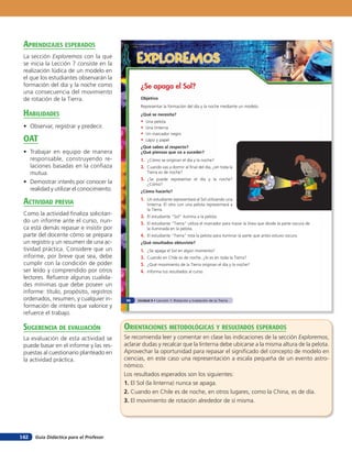 aprendiZaJes esperados
 La sección Exploremos con la que
 se inicia la Lección 7 consiste en la
                                                EXPLOREMOS
 realización lúdica de un modelo en
 el que los estudiantes observarán la
 formación del día y la noche como               ¿Se apaga el Sol?
 una consecuencia del movimiento
 de rotación de la Tierra.                       Objetivo
                                                 Representar la formación del día y la noche mediante un modelo.
 HaBilidades                                     ¿Qué se necesita?
                                                 •    Una pelota
 • Observar, registrar y predecir.               •    Una linterna
                                                 •    Un marcador negro
 oaT                                             •    Lápiz y papel
                                                 ¿Qué sabes al respecto?
 • Trabajar en equipo de manera                  ¿Qué piensas que va a suceder?
   responsable, construyendo re-                 1. ¿Cómo se originan el día y la noche?
   laciones basadas en la confiaza               2. Cuando vas a dormir al final del día, ¿en toda la
   mutua.                                             Tierra es de noche?
                                                 3. ¿Se puede representar el día y la noche?
 • Demostrar interés por conocer la                   ¿Cómo?
   realidad y utilizar el conocimiento.          ¿Cómo hacerlo?

 acTiVidad preVia                                1. Un estudiante representará al Sol utilizando una
                                                      linterna. El otro con una pelota representará a
                                                      la Tierra.
 Como la actividad finaliza solicitan-           2. El estudiante “Sol” ilumina a la pelota.
 do un informe ante el curso, nun-               3. El estudiante “Tierra” utiliza el marcador para trazar la línea que divide la parte oscura de
 ca está demás repasar e insistir por                 la iluminada en la pelota.
 parte del docente cómo se prepara               4. El estudiante “Tierra” rota la pelota para iluminar la parte que antes estuvo oscura.
 un registro y un resumen de una ac-             ¿Qué resultados obtuviste?
 tividad práctica. Considere que un              1.   ¿Se apaga el Sol en algún momento?
 informe, por breve que sea, debe                2.   Cuando en Chile es de noche, ¿lo es en toda la Tierra?
 cumplir con la condición de poder               3.   ¿Qué movimiento de la Tierra originan el día y la noche?
 ser leído y comprendido por otros               4.   Informa tus resultados al curso.
 lectores. Refuerce algunas cualida-
 des mínimas que debe poseer un
 informe: título, propósito, registros
 ordenados, resumen, y cualquier in-       96   Unidad 4 • Lección 7: Rotación y traslación de la Tierra
 formación de interés que valorice y
 refuerce el trabajo.

 suGerencia de eValuación                 orienTaciones MeTodolóGicas Y resulTados esperados
 La evaluación de esta actividad se       Se recomienda leer y comentar en clase las indicaciones de la sección Exploremos,
 puede basar en el informe y las res-     aclarar dudas y recalcar que la linterna debe ubicarse a la misma altura de la pelota.
 puestas al cuestionario planteado en     Aprovechar la oportunidad para repasar el significado del concepto de modelo en
 la actividad práctica.                   ciencias, en este caso una representación a escala pequeña de un evento astro-
                                          nómico.
                                          Los resultados esperados son los siguientes:
                                          1. El Sol (la linterna) nunca se apaga.
                                          2. Cuando en Chile es de noche, en otros lugares, como la China, es de día.
                                          3. El movimiento de rotación alrededor de sí misma.




142   Guía Didáctica para el Profesor
 