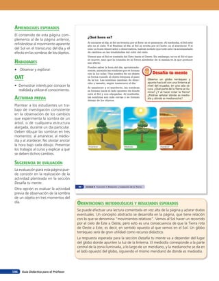 aprendiZaJes esperados
 El contenido de esta página com-
                                                ¿Qué hora es?
 plementa al de la página anterior,
                                                Al iniciarse el día, el Sol se levanta por el Este: es el amanecer. Al mediodía, el Sol está
 refiriéndose al movimiento aparente            alto en el cielo. Y al finalizar el día, el Sol se oculta por el Oeste: es el atardecer. Y si
 del Sol en el transcurso del día y el          eres un buen observador u observadora, habrás notado que todo esto va acompañado
 efecto en las sombras de los objetos.          de cambios en las tonalidades del color del cielo.
                                                Vemos que el Sol se traslada del Este hacia el Oeste. Sin embargo, no es el Sol el que

 HaBilidades                                    se mueve, sino que la rotación de la Tierra alrededor de sí misma es la que produce
                                                ese efecto.
                                                Puedes saber la hora del día, aproximada-
 • Observar y explorar.                         mente, mirando las sombras que se forman
                                                con la luz solar. Una sombra de un objeto                     Desafía tu mente
 oaT                                            se forma cuando el objeto bloquea el paso
                                                de la luz. Las sombras cambian de direc-                  Observa un globo terráqueo y
                                                ción y tamaño, según transcurre el día.                   apunta hacia él con una linterna al
 • Demostrar interés por conocer la             Al amanecer y al atardecer, las sombras
                                                                                                          nivel del ecuador, en una sala os-
                                                                                                          cura. ¿Qué parte de la Tierra se ilu-
   realidad y utilizar el conocimiento.         se forman hacia el lado opuesto de donde                  mina? ¿Y al hacer rotar la Tierra?
                                                está el Sol y son alargadas. Al mediodía,                 ¿Podrías señalar dónde es medio-
 acTiVidad preVia                               las sombras son más cortas y se forman
                                                debajo de los objetos.
                                                                                                          día y dónde es medianoche?

 Plantear a los estudiantes un tra-
 bajo de investigación consistente
 en la observación de los cambios
 que experimenta la sombra de un
 árbol, o de cualquiera estructura
 alargada, durante un día particular.
 Deben dibujar las sombras en tres
 momentos: al amanecer, al medio-
 día y al atardecer. No olvidar anotar
 la hora bajo cada dibujo. Presentar             Amanecer                            Mediodía                       Atardecer
 los trabajos al curso y explicar a qué
 se deben dichos cambios.

 suGerencia de eValuación
 La evaluación para esta página pue-
 de consistir en la realización de la
 actividad planteada en la sección
 Desafía tu mente.
                                          98   Unidad 4 • Lección 7: Rotación y traslación de la Tierra
 Otra opción es evaluar la actividad
 previa de observación de la sombra
 de un objeto en tres momentos del
 día.                                     orienTaciones MeTodolóGicas Y resulTados esperados
                                          Se puede efectuar una lectura comentada en voz alta de la página y aclarar dudas
                                          eventuales. Un concepto abstracto se desarrolla en la página, que tiene relación
                                          con lo que se denomina “movimientos relativos”. Vemos al Sol hacer un recorrido
                                          por el cielo de Este a Oeste, pero esto es una consecuencia de que la Tierra rota
                                          de Oeste a Este, es decir, en sentido opuesto al que vemos en el Sol. Un globo
                                          terráqueo será de gran utilidad como recurso didáctico.
                                          La respuesta esperada para la sección Desafía tu mente va a depender del lugar
                                          del globo donde apunten la luz de la linterna. El mediodía corresponde a la parte
                                          central de la zona iluminada, a lo largo de un meridiano, y la medianoche se da en
                                          el lado opuesto del globo, siguiendo el mismo meridiano de donde es mediodía.




144   Guía Didáctica para el Profesor
 