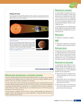 Unidad


                                                                                                                    aprendiZaJes esperados
                                                                                                                    En esta página se explican las con-
       Eclipse de Luna
                                                                                                                    diciones que se deben cumplir para
       En un eclipse de Luna también participan el Sol, la Tierra y la Luna. Como la Luna
       viaja alrededor de la Tierra, sucede a veces que la Tierra se interpone justo entre el
                                                                                                                    que ocurra un eclipse de Luna. Aho-
       Sol y la Luna, como se ve en la figura.                                                                      ra es la Tierra la que se interpone
                                                                                                                    entre el Sol y la Luna, y la sombra de
                                                                                                                    la Tierra se proyecta sobre la Luna,
                                                                                                                    provocando eclipses totales o par-
                                                                                                                    ciales de Luna.
                                                                                                                    La actividad tiene como objetivo que
                   Sol                                 Tierra                         Luna                          los estudiantes reconozcan las dife-
                                                                                                                    rencias entre un eclipse de Luna y un
                                                                                                                    eclipse de Sol.

                                                                                                                    HaBilidades
                                                                                                                    • Observar, comparar y explicar.
       ¿Has tenido la oportunidad de observar un eclipse?
       ¿Qué has sentido?                                                                                            oaT
       La Luna y sus eclipses pueden observarse sin riesgo
       para la vista. Pero debes tener mucho cuidado con el                                                         • Demostrar interés por conocer la
       Sol y sus eclipses. Su luz es tan intensa y dañina para
       la vista, que para mirar un eclipse de Sol debes hacerlo                                                       realidad y utilizar el conocimiento.
       solamente a través de gafas y filtros especiales.
       Explica con tus palabras la diferencia entre un eclipse     Eclipse de Luna                                  acTiVidad preVia
       de Sol y un eclipse de Luna.
                                                                                                                    Al igual que con los eclipses de Sol,
                                                                                                                    se sugiere plantear una discusión
                                                                                                                    grupal sobre la base de las expe-
                                                                                                                    riencias de los estudiantes con los
                                                                                                                    eclipses de Luna, y la explicación
                                                                                                                    que ellos suponen de tales eclipses.

                                                                                                                    suGerencia de eValuación
                                                                                                                    La evaluación esta dada en la ac-
                                                                                                                    tividad donde deben explicar la di-
                                                                                                                    ferencia entre un eclipse de Sol y
                                                                  Observar, comparar, registrar y predecir   103
                                                                                                                    un eclipse de Luna. Los indicadores
                                                                                                                    pueden ser los siguientes:
                                                                                                                    • Reconocen que en ambos fenó-
orienTaciones MeTodolóGicas Y resulTados esperados                                                                    menos participan el Sol, la Luna
Una vez comprendida la formación de los eclipses de Sol, se supone que se facilita                                    y la Tierra.
el estudio de los eclipses de Luna. Ahora son otros los cuerpos celestes que se                                     • Reconocen que en el eclipse de
alinean, pero los conceptos centrales son similares.                                                                  Sol es la Luna la que se interpone
Es muy importante que los estudiantes comprendan que en ambos fenómenos los                                           entre el Sol y la Tierra.
cuerpos celestes que participan son el Sol, la Tierra y la Luna. La respuesta esperada                              • Reconocen que en el eclipse de
a la pregunta planteada es la siguiente: en un eclipse de Sol la Luna se interpone                                    Luna es la Tierra la que se inter-
entre el Sol y la Tierra, mientras que en un eclipse de Luna es la Tierra la que se                                   pone entre el Sol y la Luna.
interpone entre el Sol y la Luna.
Para promover al reflexión de los niños y niñas, puede pedirles que observen la
imagen inferior del eclipse de Luna y que respondan: ¿A qué lado de la Luna está
el Sol? ¿Dónde está la Tierra?



                                                                                                                   Unidad 4: La Tierra y el Sistema Solar   149
 