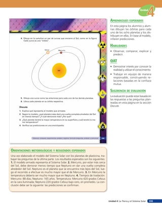 Unidad


                                                                                                                              aprendiZaJes esperados
                                                                                                                              En esta página los alumnos y alum-
                                                                                                                              nas dibujan las órbitas para cada
                                                                                                                              uno de los ocho planetas y los dis-
                                                                                                                              tribuyen en ellas. En base al modelo,
        4. Dibuja en la cartulina un par de curvas que encierre al Sol, como en la figura.                                    infieren predicciones.
           Cada curva es una “órbita”.

                                                                                                                              HaBilidades
                                      Venus               Mercurio
                                                                                                                              • Observar, comparar, explicar y
                                                                                                                                predecir.

                                                                                                                              oaT
                                                                                                                              • Demostrar interés por conocer la
                                                         Sol                                                                    realidad y utilizar el conocimiento.
                                                                                                                              • Trabajar en equipo de manera
                                                                                                                                responsable, construyendo re-
                                                                                                                                laciones basadas en la confiaza
                                                                                                                                mutua.

                                                                                                                              suGerencia de eValuación
                                                                                                                              La evaluación puede estar basada en
        5. Dibuja una curva como las anteriores para cada uno de los demás planetas.
                                                                                                                              las respuestas a las preguntas plan-
        6. Ubica cada planeta en su órbita respectiva.
                                                                                                                              teadas en esta página en la sección
       Discute                                                                                                                Discute.
       1. Explica qué representa el modelo que armaste.
       2. Según tu modelo, ¿qué planeta crees dará una vuelta completa alrededor del Sol
          en menos tiempo? ¿Y cuál demorará más? ¿Por qué?
       3. ¿Qué planeta tendrá la mayor temperatura en su superficie y cuál tendrá la me-
          nor temperatura?
       4. Verifica tus predicciones en una enciclopedia.




                     Observar, comparar, experimentar, predecir, registrar, formular preguntas, analizar y comunicar   109




orienTaciones MeTodolóGicas Y resulTados esperados
Una vez elaborado el modelo del Sistema Solar con los planetas de plasticina, tra-
bajan las preguntas de la última parte. Los resultados esperados son los siguientes:
1. El modelo armado representa al Sistema Solar. 2. Mercurio, por estar más cerca
del Sol, debe demorar menos tiempo que Neptuno en dar una vuelta completa
alrededor del Sol. Neptuno es el planeta que se encuentra más lejos del Sol, lue-
go el recorrido a efectuar es mucho mayor que el de Mercurio. 3. En Mercurio la
temperatura debería ser mucho mayor que en Neptuno. 4. Tiempos de traslación:
Mercurio: 88 días; Neptuno: 165 años. Temperatura: Mercurio 420 grados Celsius
en la cara iluminada; Neptuno 220 grados Celsius bajo cero, en promedio. La con-
clusión debe ser la siguiente: las predicciones se confirman.




                                                                                                                             Unidad 4: La Tierra y el Sistema Solar   155
 