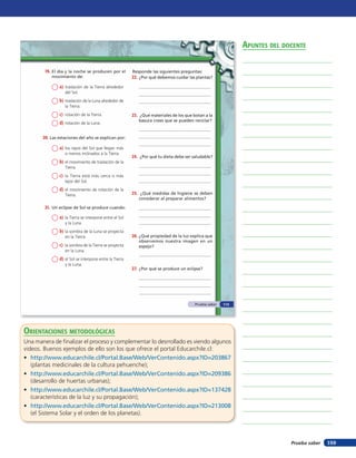 apunTes del docenTe

        19. El día y la noche se producen por el        Responde las siguientes preguntas:
           movimiento de:                               22. ¿Por qué debemos cuidar las plantas?
               a) traslación de la Tierra alrededor
                  del Sol.
               b) traslación de la Luna alrededor de
                  la Tierra.
               c) rotación de la Tierra.                23. ¿Qué materiales de los que botan a la
                                                           basura crees que se pueden reciclar?
               d) rotación de la Luna.

       20. Las estaciones del año se explican por:

               a) los rayos del Sol que llegan más
                  o menos inclinados a la Tierra.
                                                        24. ¿Por qué tu dieta debe ser saludable?
               b) el movimiento de traslación de la
                  Tierra.
               c) la Tierra está más cerca o más
                  lejos del Sol.
               d) el movimiento de rotación de la
                  Tierra.                               25. ¿Qué medidas de higiene se deben
                                                           considerar al preparar alimentos?

        21. Un eclipse de Sol se produce cuando:

               a) la Tierra se interpone entre el Sol
                  y la Luna.
               b) la sombra de la Luna se proyecta
                  en la Tierra.                         26. ¿Qué propiedad de la luz explica que
                                                           observemos nuestra imagen en un
               c) la sombra de la Tierra se proyecta       espejo?
                  en la Luna.
               d) el Sol se interpone entre la Tierra
                  y la Luna.
                                                        27. ¿Por qué se produce un eclipse?




                                                                                        Prueba saber   113




orienTaciones MeTodolóGicas
Una manera de finalizar el proceso y complementar lo desrrollado es viendo algunos
videos. Buenos ejemplos de ello son los que ofrece el portal Educarchile.cl:
• http://www.educarchile.cl/Portal.Base/Web/VerContenido.aspx?ID=203867
   (plantas medicinales de la cultura pehuenche);
• http://www.educarchile.cl/Portal.Base/Web/VerContenido.aspx?ID=209386
   (desarrollo de huertas urbanas);
• http://www.educarchile.cl/Portal.Base/Web/VerContenido.aspx?ID=137428
   (características de la luz y su propagación);
• http://www.educarchile.cl/Portal.Base/Web/VerContenido.aspx?ID=213008
   (el Sistema Solar y el orden de los planetas).



                                                                                                                           Prueba saber   159
 