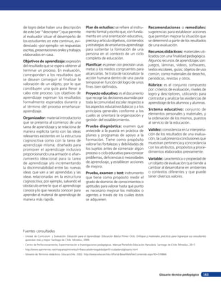 de logro debe haber una descripción                    Plan de estudios: se refiere al instru-                Recomendaciones o remediales:
de este (ver “descriptor”) que permite                 mento formal y escrito que, con funda-                 sugerencias para establecer acciones
al evaluador situar el desempeño de                    mento en una orientación educativa,                    que permitan mejorar la situación que
los estudiantes en este continuo, evi-                 precisa y articula objetivos, contenidos               se determinó a partir de los resultados
denciado –por ejemplo– en respuestas                   y estrategias de enseñanza-aprendizaje                 de una evaluación.
escritas, presentaciones orales y trabajos             para sustentar la formación de una
                                                                                                              Recursos didácticos: materiales uti-
elaborados en casa.                                    persona en el contexto de un ciclo
                                                                                                              lizados con una finalidad pedagógica.
                                                       completo de educación.
Objetivos de aprendizaje: expresión                                                                           Algunos recursos de aprendizajes son:
del resultado que se espera obtener al                 Planificar: es prever con precisión unas               juegos, láminas, videos, softwares,
terminar un proceso. En evaluación,                    metas y los medios congruentes para                    textos escolares, guías; objetos de uso
corresponden a los resultados que                      alcanzarlas. Se trata de racionalizar la               común, como materiales de desecho,
se desean conseguir al finalizar la                    acción humana dentro de una pauta                      periódicos, revistas y otros.
valoración de un objeto, por lo que                    temporal en función del logro de unos
                                                       fines bien definidos.                                  Rúbrica: es el conjunto compuesto
constituyen una guía para llevar a                                                                            por: criterios de evaluación, niveles de
cabo este proceso. Los objetivos de                    Proyecto educativo: es el documento                    logro y descriptores, utilizando para
aprendizaje expresan los resultados                    que recoge las decisiones asumidas por                 contrastar y analizar las evidencias de
formalmente esperados durante y                        toda la comunidad escolar respecto a                   aprendizaje de los alumnos y alumnas.
al término del proceso enseñanza-                      los aspectos educativos básicos y a los
aprendizaje.                                           principios generales conforme a los                    Sistema educativo: conjunto de
                                                       cuales se orientará la organización y                  elementos personales y materiales, y
Organizador: material introductorio                                                                           la ordenación de los mismos, puestos
                                                       gestión del establecimiento.
que se presenta al comienzo de una                                                                            al servicio de la educación.
tarea de aprendizaje y se relaciona de                 Prueba diagnóstica: examen que
manera explícita tanto con las ideas                   antecede a la puesta en práctica de                    Validez: consistencia en la interpreta-
                                                       planes y programas de apoyo a la                       ción de los resultados de una evalua-
relevantes existentes en la estructura
                                                       formación. Tiene como propósito                        ción, la cual presenta conclusiones que
cognoscitiva como con la tarea de
                                                       valorar las fortalezas y debilidades de                muestran pertinencia y concordancia
aprendizaje misma; diseñado para
                                                       los sujetos antes de comenzar algún                    con los atributos, propósitos y proce-
promover el aprendizaje inclusivo
                                                       proceso o ciclo educativo para conocer                 dimientos elaborados previamente.
proporcionando una armazón o afian-
zamiento ideacional para la tarea                      problemas, deficiencias o necesidades                  Variable: característica o propiedad de
de aprendizaje y/o incrementando                       de aprendizaje, y establecer acciones                  un objeto de evaluación que tiende a
la discriminabilidad entre las nuevas                  de mejora.                                             cambiar al desarrollarse en ambientes
ideas que van a ser aprendidas y las                   Prueba, examen o test: instrumento                     o contextos diferentes y que puede
ideas relacionadas en la estructura                    que tiene como propósito medir el                      tener diversos valores.
cognoscitiva; por ejemplo, salvando el                 grado de dominio de conocimientos o
obstáculo entre lo que el aprendizaje                  aptitudes para valorar hasta qué punto
conoce y lo que necesita conocer para                  es necesario mejorar los métodos o
aprender el material de aprendizaje de                 agentes a través de los cuáles éstos
manera más rápida.                                     se adquieren.




Fuentes consultadas
-	 Unidad de Currículum y Evaluación. Eduación para el Aprendizaje: Educación Básica Primer Ciclo. Enfoque y materiales prácticos para lograrque sus estudiantes
   aprendan más y mejor. Santiago de Chile: Mineduc, 2009.
-	 Centro de Perfeccionamiento, Experimentación e Investigaciones pedagógicas. Manual Portafolio Educación Parvularia. Santiago de Chile: Mineduc, 2011.
-	http://www.ayerviernes.net/maquetas/mineduc/infoescuela/entregables/perfil-ciudadano/glosario.html
-	 Glosario de Términos didácticos. Educacrchile. 2002. http://www.educarchile.cl/Portal.Base/Web/VerContenido.aspx?ID=139866




                                                                                                                       Glosario técnico-pedagógico           163
 
