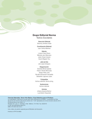 Grupo Editorial Norma
                                                      Textos Escolares
                                                             Dirección Editorial
                                                           Verónica Jiménez Dotte

                                                           Coordinación Editorial
                                                            Juan Carlos Martínez

                                                                   Edición
                                                            Lorena Freire Rivera
                                                           Marcela Jara Villanueva
                                                            Javier Araya Urquiza
                                                             David Villagrán Ruz

                                                                Jefe de Arte
                                                             Job López Góngora

                                                               Diagramación
                                                           Graciela Ellicker Igesias
                                                          Héctor Vilches Moncada
                                                              Sergio Pérez Jara
                                                        Nicolás Irarrázaval Fuenzalida
                                                         Sebastián Lagunas López

                                                                 Fotografías
                                                        Archivo editorial, Stock.xchng

                                                                 Ilustraciones
                                                                Archivo editorial

                                                                   Autores
                                                           Jimena Aravena Muñoz
                                                            Luis Brahim Navarrete


    Ciencias Naturales, Tercer Año Básico. Guía Didáctica para el Profesor.
    La materialidad y fabricación de este texto está certificada por el IDIEM – Universidad de Chile.
    Se terminó de imprimir esta tercera edición de 11.801 ejemplares en el mes de enero del año 2012.
    © Editorial Norma de Chile S. A.
    Monjitas 527, piso 17, Santiago, Chile. Teléfono: 7317500. Fax: 6322079
    e-mail: servicliente@carvajal.com
    ISBN: 978-956-300-235-5
    Libro chileno de edición especial para el Ministerio de Educación.
    Impreso en RR Donnelley.
2
 