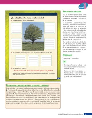 Unidad


                                                                                                aprendiZaJes esperados
                                                                                                Esta es la última página de la serie
                                                                                                de reforzamiento de los contenidos
        ¿Qué utilidad tienen las plantas para los animales?                                     tratados en la Lección 1, El mundo
        1. En cada recuadro escribe una de ellas.                                               de las plantas.
                                                                                                En la actividad 1, se espera que los
                                                                                                alumnos y alumnas describan bene-
                                                                                                ficios que aportan las plantas a la
                                                                                                vida animal. En tanto, la actividad
                                                                                                2 dice relación con la utilidad de las
                                                                                                plantas para el ser humano. En la ac-
                                                                                                tividad 3, se solicita a los alumnos y
                                                                                                alumnas que fundamenten por qué
                                                                                                “La vida animal en la Tierra solo es
                                                                                                posible gracias a las plantas”.
                                                                                                Una vez desarrolladas las actividades
                                                                                                de esta página, los alumnos saben
                                                                                                que cualquier forma de vida animal
                                                                                                no se puede sostener por sí misma.
                                                                                                Los animales necesitamos de las
                                                                                                plantas para poder subsistir.
        2. ¿Qué utilidad tienen las plantas para las personas? Escribe tres de ellas.
                                                                                                HaBilidades
                                                                                                • Registrar y comunicar.

                                                                                                oaT
                                                                                                • Proteger el entorno natural y sus
                                                                                                  recursos como contexto de desa-
        3. Lee la siguiente oración.                                                              rrollo humano.
            “La vida animal en la Tierra solo es posible gracias a las plantas”                 • Reconocer la importancia del en-
           Redacta en tu cuaderno un texto que explique y fundamente la afirmación                torno natural y sus recursos, de-
           de la oración anterior.                                                                sarrollando conductas de cuidado
                                                                                                  y protección del ambiente.
                                                                                        25




orienTaciones MeTodolóGicas Y resulTados esperados
En la actividad 1, se espera que los estudiantes respondan: 1. Proveen alimentación.
2. Participar en la regulación del clima. 3. Purificar el aire. 4. Fertilizar los suelos. 5.
Incorporar agua a la atmósfera. En el caso de la actividad 2, se esperan las respuestas
siguientes: 1. Proveen alimentación. 2. Proveen medicamentos. 3. Proporcionan leña
y madera para construcción. 4. Proporcionan fibras industriales. En la actividad 3, se
solicita a los alumnos que fundamenten por qué “La vida animal en la Tierra solo es
posible gracias a las plantas”. Los alumnos y alumnas deben proporcionar ideas que
permitan establecer su comprensión respecto de la capacidad única de las plantas
de producir su propio alimento, mediante un proceso denominado fotosíntesis.




                                                                                         Unidad 1: Las plantas y el medio ambiente   41
 