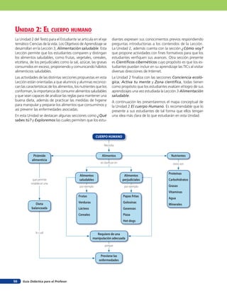 unidad 2: el cuerpo HuMano
La Unidad 2 del Texto para el Estudiante se articula en el eje         diantes expresen sus conocimientos previos respondiendo
temático Ciencias de la vida. Los Objetivos de Aprendizaje se          preguntas introductorias a los contenidos de la Lección.
desarrollan en la Lección 3, Alimentación saludable. Esta              La Unidad 2, además cuenta con la sección ¿Cómo voy?
Lección permite que los estudiantes comparen y distingan               que propone actividades con fines formativos para que los
los alimentos saludables, como frutas, vegetales, cereales,            estudiantes verifiquen sus avances. Otra sección presente
etcétera, de los perjudiciales como la sal, azúcar, las grasas         es Científicos cibernéticos cuyo propósito es que los es-
consumidos en exceso, proponiendo y comunicando hábitos                tudiantes puedan incluir en su aprendizaje las TICs al visitar
alimenticios saludables.                                               diversas direcciones de Internet.
Las actividades de las distintas secciones propuestas en esta          La Unidad 2 finaliza con las secciones Conciencia ecoló-
Lección están orientadas a que alumnos y alumnas reconoz-              gica, Activa tu mente y Zona científica, todas tienen
can las características de los alimentos, los nutrientes que los       como propósito que los estudiantes evalúen el logro de sus
conforman, la importancia de consumir alimentos saludables             aprendizajes una vez estudiada la Lección 3 Alimentación
y que sean capaces de analizar las reglas para mantener una            saludable.
buena dieta, además de practicar las medidas de higiene                A continuación les presentaremos el mapa conceptual de
para manipular y preparar los alimentos que consumimos y               la Unidad 2 El cuerpo Humano. Es recomendable que lo
así prevenir las enfermedades asociadas.                               presente a sus estudiantes de tal forma que ellos tengan
En esta Unidad se destacan algunas secciones como ¿Qué                 una idea más clara de lo que estudiarán en esta Unidad.
sabes tú? y Exploremos las cuales permiten que los estu-



                                                           CUERPO HUMANO

                                                                Necesita


            Pirámide                                          Alimentos                                        Nutrientes
           alimenticia
                                                             se clasifican en                                   estos son


                                                                                                             Proteínas
                                            Alimentos                            Alimentos
            que permite                     saludables                          perjudiciales                Carbohidratos
           establecer una
                                             por ejemplo                         por ejemplo                 Grasas
                                                                                                             Vitaminas
                                            Frutas                              Papas fritas
                                                                                                             Agua
              Dieta                         Verduras                            Golosinas
                                                                                                             Minerales
           balanceada                       Lácteos                             Gaseosas
                                            Cereales                            Pizza
                                                                                Hot dogs


              lo cual                                     Requiere de una
                                                       manipulación adecuada

                                                                 porque


                                                             Previene las
                                                            enfermedades




56   Guía Didáctica para el Profesor
 