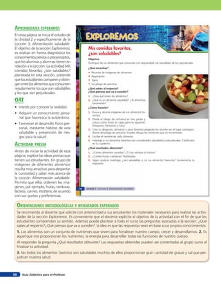aprendiZaJes esperados
En esta página se inicia el estudio de
la Unidad 2 y específicamente de la               EXPLOREMOS
Lección 3, Alimentación saludable.
El objetivo de la sección Exploremos,              Mis comidas favoritas,
es evaluar en forma diagnóstica los                ¿son saludables?
conocimientos previos o preconceptos,              Objetivo
que los alumnos y alumnas tienen en                Distinguir de los alimentos que consumes con regularidad, los saludables de los perjudiciales.
relación a la Lección. La actividad Mis            ¿Qué necesitas?
comidas favoritas, ¿son saludables?                •   Recortes de imágenes de alimentos
planteada en esta sección, pretende                •   Pegamento
que los estudiantes comparen y distin-             •   Tijera
gan entre los alimentos que consumen               •   Un pliego de cartulina
regularmente los que son saludables                ¿Qué sabes al respecto?
                                                   ¿Qué piensas que va a suceder?
y los que son perjudiciales.
                                                   1. ¿Para qué sirven los alimentos?
oaT                                                2. ¿Qué es un alimento saludable? ¿Te alimentas
                                                      sanamente?
• Interés por conocer la realidad.                 ¿Cómo hacerlo?

• Adquirir un conocimiento perso-                  1. Busca y recorta imágenes de tus alimentos fa-
                                                      voritos.
  nal que favorezca la autoestima.                 2. Divide el pliego de cartulina en tres partes y
                                                      coloca como título en cada parte lo siguiente:
• Favorecer el desarrollo físico per-                 Desayuno, Almuerzo y Cena.
  sonal, mediante hábitos de vida                  3. Crea tu desayuno, almuerzo y cena favoritos pegando los recortes en el lugar correspon-
  saludable y prevención de ries-                     diente del pliego de cartulina. Puedes dibujar los alimentos que no encontraste.
  gos para la salud.                               4. Escribe el nombre de cada alimento.
                                                   5. Investiga si tus alimentos favoritos son considerados saludables o perjudiciales. Clasifícalos
acTiVidad preVia                                      en tu cuaderno.
                                                   ¿Qué resultados obtuviste?
Antes de iniciar la actividad de esta              1. ¿Comes alimentos variados? ¿O casi siempre lo mismo?
página, explore las ideas previas que              2. ¿Comes frutas y verduras? Nómbralas.
tienen sus estudiantes. Un grupo de                3. Según pudiste investigar, ¿son saludables o no tus alimentos favoritos? Fundamenta tu
                                                      respuesta.
imágenes de diferentes alimentos
resulta muy atractivo para despertar
la curiosidad y saber más acerca de
la Lección Alimentación saludable.
Permita que ellos ordenen las imá-
genes, por ejemplo, frutas, verduras,        42   Unidad 2 • Lección 3: Alimentación saludable
lácteos, carnes, etcétera, de acuerdo
con sus gustos y preferencias.

     orienTaciones MeTodolóGicas Y resulTados esperados
     Se recomienda al docente que solicite con anterioridad a sus estudiantes los materiales necesarios para realizar las activi-
     dades de la sección Exploremos. Es conveniente que el docente explicite el objetivo de la actividad con el fin de que los
     estudiantes comprendan su sentido. Además puede plantear a todo el curso las preguntas asociadas a la sección: ¿Qué
     sabes al respecto?¿Qué piensas que va a suceder?, la idea es que las respuestas sean en base a sus propios conocimientos.
     1. Los alimentos son un conjunto de nutrientes que sirven para fortalecer nuestro cuerpo, crecer y desarrollarnos. 2. Es
     aquel que nos proporcionan los nutrientes, la energía para desarrollar todas las funciones de nuestro cuerpo.
     Al responder la pregunta ¿Qué resultados obtuviste? Las respuestas obtenidas pueden ser comentadas al grupo curso al
     finalizar la actividad.
     3. No todos los alimentos favoritos son saludables muchos de ellos proporcionan gran cantidad de grasas y sal que per-
     judican nuestra salud.



68      Guía Didáctica para el Profesor
 