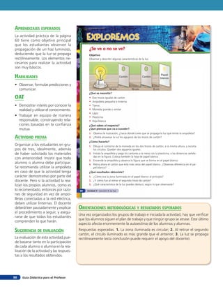 aprendiZaJes esperados
La actividad práctica de la página
60 tiene como objetivo principal
                                               EXPLOREMOS
que los estudiantes observen la
propagación de un haz luminoso,                 ¿Se ve o no se ve?
deduciendo que la luz se propaga                Objetivo
rectilíneamente. Los elementos ne-              Observar y describir algunas características de la luz.
cesarios para realizar la actividad
son muy básicos.

HaBilidades                                                                   Cartón            Cartón
                                                                                                                 Papel
                                                                                                                 blanco

• Observar, formular predicciones y
  comunicar.                                                        10 cm              10 cm              8 cm
                                                ¿Qué se necesita?
oaT                                             •   Dos trozos iguales de cartón
                                                •   Ampolleta pequeña o linterna
• Demostrar interés por conocer la              •   Tijeras
  realidad y utilizar el conocimiento.          •   Moneda grande o similar
                                                •   Lápiz
• Trabajar en equipo de manera                  •   Plasticina
  responsable, construyendo rela-               •   Hoja blanca
  ciones basadas en la confianza                ¿Qué sabes al respecto?
  mutua.                                        ¿Qué piensas que va a suceder?
                                                1. Observa la ilustración, ¿hacia dónde crees que se propaga la luz que emite la ampolleta?
acTiVidad preVia                                2. ¿Podrá atravesar la luz los agujeros de los trozos de cartón?
                                                ¿Cómo hacerlo?
Organizar a los estudiantes en gru-             1. Dibuja el contorno de la moneda en los dos trozos de cartón, a la misma altura, y recorta
pos de tres, idealmente, además                    los círculos. Quedan dos agujeros iguales.
de haber solicitado los materiales              2. Instala la ampolleta y pega los cartones a la mesa con la plasticina, a las distancias señala-
                                                   das en la figura. Coloca también la hoja de papel blanco.
con anterioridad. Insistir que todo
                                                3. Enciende la ampolleta y observa la figura que se forma en el papel blanco.
alumno o alumna debe participar.                4. Retira ahora el cartón que está más cerca del papel blanco. ¿Observas diferencia en el pa-
Se recomienda utilizar la ampolleta                pel blanco?
en caso de que la actividad tenga               ¿Qué resultados obtuviste?
carácter demostrativo por parte del             1. ¿Cómo era la zona iluminada en el papel blanco al principio?
docente. Pero si la actividad la rea-           2. ¿Y cómo fue al retirar el segundo trozo de cartón?
lizan los propios alumnos, como es              3. ¿Qué característica de la luz puedes deducir, según lo que observaste?

lo recomendado, entonces por razo-        60   Unidad 3 • Lección 4: La luz
nes de seguridad en vez de ampo-
lletas conectadas a la red eléctrica,
deben utilizar linternas. El docente
deberá leer pausadamente y explicar       orienTaciones MeTodolóGicas Y resulTados esperados
el procedimiento a seguir, y asegu-
                                          Una vez organizados los grupos de trabajo e iniciada la actividad, hay que verificar
rarse de que todos los estudiantes
                                          que los alumnos siguen el plan de trabajo y que ningún grupo se atrase. Este último
comprenden lo que harán.
                                          aspecto afecta enormemente la autoestima de los alumnos y alumnas.
suGerencia de eValuación                  Respuestas esperadas. 1. La zona iluminada es circular; 2. Al retirar el segundo
                                          cartón, el círculo iluminado es más grande que el anterior; 3. La luz se propaga
La evaluación de esta actividad pue-      rectilíneamente (esta conclusión puede requerir el apoyo del docente).
de basarse tanto en la participación
de cada alumno o alumna en la rea-
lización de la actividad y las respues-
tas a los resultados obtenidos.




96   Guía Didáctica para el Profesor
 