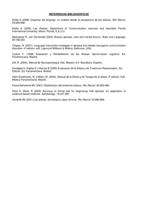 REFERENCIAS BIBLIOGRÁFICAS

Ardila A (2006) Orígenes del lenguaje: un análisis desde la perspectiva de las afasias. Rev Neurol.
43:690-698.

Ardila A (2006) Las Afasias. Department of Communication sciences and disorders Florida
International University, Miami, Florida, E.E.U.U.

Bastiaanse R, van Zonneveld (2004) Braca’s aphasia, verb and mental lexicon. Brain and Language.
90:198-202.

Chapey, R. (2001). Language intervention strategies in aphasia and related neurogenic communication
disorders. 4ª edición, edit. Lippincott Williams & Wilkins. Baltimore, USA.

Cuetos F. (1998) Evaluación y Rehabilitación de las Afasias. Aproximación cognitiva. Ed.
Panamericana. Madrid.

Gill, R. (2004). Manual de Neuropsicología. Edit. Masson S.A. Barcelona, España.

Goodglas H, Kaplan E y Barresi B (2005) Evaluación de la Afasia y de Trastornos Relacionados. 3ra
Edición. Ed. Panamericana. Madrid.

Helm-Estabrooks, N. y Albert, M. (2005). Manual de la Afasia y de Terapia de la afasia. 2ª edición, Edit.
Médica Panamericana, Madrid.

Perea-Bartolomé MV (2001) Clasificación del síndrome afásico. Rev Neurol. 32:483-488.

Ross K, Wertz R (2002) Accuracy of formal test for diagnosing mild aphasia: An application of
evidence-based medicine. Aphasiology. 18:337-355.

Vendrell JM (2001) Las afasias: semiología y tipos clínicos. Rev Neurol. 32:980-986.
 