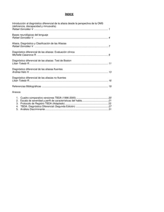 ÍNDICE


Introducción al diagnóstico diferencial de la afasia desde la perspectiva de la OMS
(deficiencia, discapacidad y minusvalía)
Rafael González V. ......................................................................................................... 1

Bases neurológicas del lenguaje
Rafael González V. ........................................................................................................ 4

Afasia, Diagnóstico y Clasificación de las Afasias
Rafael González V. ........................................................................................................ 7

Diagnóstico diferencial de las afasias: Evaluación clínica
Michelle Casanova R. .................................................................................................... 9

Diagnóstico diferencial de las afasias: Test de Boston
Lilian Toledo R................................................................................................................ 11

Diagnóstico diferencial de las afasias fluentes
Andrea Helo H. ............................................................................................................... 13

Diagnóstico diferencial de las afasias no fluentes
Lilian Toledo R................................................................................................................ 16

Referencias Bibliográficas .............................................................................................. 19

Anexos

     1.   Cuadro comparativo versiones TBDA (1996-2005) ............................................. 20
     2.   Escala de severidad y perfil de características del habla..................................... 21
     3.   Protocolo de Registro TBDA (Adaptado) ............................................................. 22
     4.   TBDA: Diagnóstico Diferencial (Segunda Edición) .............................................. 27
     5.   Análisis Discriminante ......................................................................................... 31
 