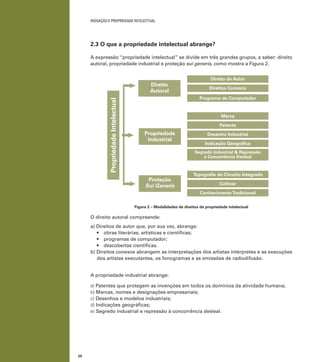 20
INOVAÇÃO E PROPRIEDADE INTELECTUAL
2.3 O que a propriedade intelectual abrange?
A expressão “propriedade intelectual” se divide em três grandes grupos, a saber: direito
autoral, propriedade industrial e proteção sui generis, como mostra a Figura 2.
Figura 2 – Modalidades de direitos de propriedade intelectual
O direito autoral compreende:
a) Direitos de autor que, por sua vez, abrange:
b) Direitos conexos abrangem as interpretações dos artistas intérpretes e as execuções
dos artistas executantes, os fonogramas e as emissões de radiodifusão.
A propriedade industrial abrange:
a) Patentes que protegem as invenções em todos os domínios da atividade humana;
b) Marcas, nomes e designações empresariais;
c) Desenhos e modelos industriais;
d) Indicações geográﬁcas;
e) Segredo industrial e repressão à concorrência desleal.
PropriedadeIntelectual
Direito
Autoral
Direito de Autor
Programa de Computador
Direitos Conexos
Topograﬁa de Circuito Integrado
Cultivar
ConhecimentoTradicional
Marca
Desenho Industrial
Indicação Geográﬁca
Segredo Industrial & Repressão
à Concorrência Desleal
Patente
Proteção
Sui Generis
Propriedade
Industrial
 