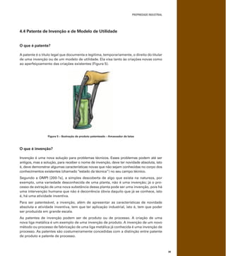 PROPRIEDADE INDUSTRIAL
39
4.4 Patente de Invenção e de Modelo de Utilidade
O que é patente?
A patente é o título legal que documenta e legitima, temporariamente, o direito do titular
de uma invenção ou de um modelo de utilidade. Ela visa tanto às criações novas como
ao aperfeiçoamento das criações existentes (Figura 5).
Figura 5 – Ilustração de produto patenteado – Amassador de latas
O que é invenção?
Invenção é uma nova solução para problemas técnicos. Esses problemas podem até ser
antigos, mas a solução, para receber o nome de invenção, deve ter novidade absoluta, isto
é, deve demonstrar algumas características novas que não sejam conhecidas no corpo dos
conhecimentos existentes (chamado “estado da técnica”) no seu campo técnico.
Segundo a OMPI [200-?a], a simples descoberta de algo que exista na natureza, por
exemplo, uma variedade desconhecida de uma planta, não é uma invenção; já o pro-
cesso de extração de uma nova substância dessa planta pode ser uma invenção, pois há
uma intervenção humana que não é decorrência óbvia daquilo que já se conhece, isto
é, há uma atividade inventiva.
Para ser patenteável, a invenção, além de apresentar as características de novidade
absoluta e atividade inventiva, tem que ter aplicação industrial, isto é, tem que poder
ser produzida em grande escala.
As patentes de invenção podem ser de produto ou de processo. A criação de uma
nova liga metálica é um exemplo de uma invenção de produto. A invenção de um novo
método ou processo de fabricação de uma liga metálica já conhecida é uma invenção de
processo. As patentes são costumeiramente concedidas com a distinção entre patente
de produto e patente de processo.
 