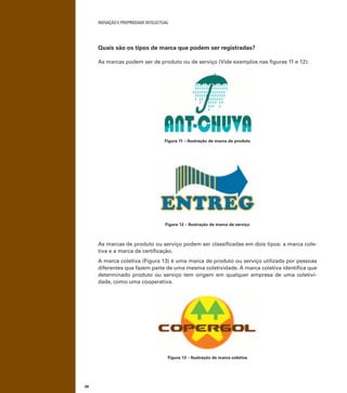 INOVAÇÃO E PROPRIEDADE INTELECTUAL
58
Quais são os tipos de marca que podem ser registradas?
As marcas podem ser de produto ou de serviço (Vide exemplos nas ﬁguras 11 e 12):
Figura 11 – Ilustração de marca de produto
Figura 12 – Ilustração de marca de serviço
As marcas de produto ou serviço podem ser classiﬁcadas em dois tipos: a marca cole-
tiva e a marca de certiﬁcação.
A marca coletiva (Figura 13) é uma marca de produto ou serviço utilizada por pessoas
diferentes que fazem parte de uma mesma coletividade. A marca coletiva identiﬁca que
determinado produto ou serviço tem origem em qualquer empresa de uma coletivi-
dade, como uma cooperativa.
Figura 13 – Ilustração de marca coletiva
 