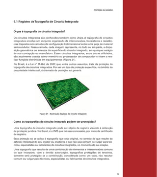 PROTEÇÃO SUI GENERIS
73
5.1 Registro deTopograﬁa de Circuito Integrado
O que é topograﬁa de circuito integrado?
Os circuitos integrados são conhecidos também como chips. A topograﬁa de circuitos
integrados envolve um conjunto organizado de interconexões, transistores e resistên-
cias dispostos em camadas de conﬁguração tridimensional sobre uma peça de material
semicondutor. Nessa camada, cada imagem representa, no todo ou em parte, a dispo-
sição geométrica ou arranjos da superfície do circuito integrado, em qualquer estágio
de sua concepção ou manufatura. Esses circuitos integrados, entre outras utilidades,
são atualmente usados como memória ou processador de computador e visam a rea-
lizar funções eletrônicas em equipamentos (Figura 21).
No Brasil, é a Lei nº 11.484, de 2007, que, entre outros assuntos, trata da proteção da
topograﬁa de circuitos integrados. Por ser um tipo de proteção especíﬁca, no âmbito da
propriedade intelectual, é chamada de proteção sui generis.
Figura 21 – Ilustração de placa de circuito integrado
Como as topograﬁas de circuito integrado podem ser protegidas?
Uma topograﬁa de circuito integrado pode ser objeto de registro visando à obtenção
de proteção jurídica. No Brasil, é o INPI que faz essa concessão, por meio de certiﬁcado
de registro.
Essa proteção só se aplica à topograﬁa que seja original, no sentido de que resulte do
esforço intelectual do seu criador ou criadores e que não seja comum ou vulgar para téc-
nicos, especialistas ou fabricantes de circuitos integrados, no momento de sua criação.
Uma topograﬁa que resulte de uma combinação de elementos e interconexões comuns
ou que incorpore, com a devida autorização, topograﬁas protegidas de terceiros,
somente será protegida se a combinação, considerada como um todo, não resultar
comum ou vulgar para técnicos, especialistas ou fabricantes de circuitos integrados.
 