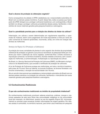 PROTEÇÃO SUI GENERIS
79
Qual o alcance da proteção às obtenções vegetais?
Como consequência da adesão à UPOV, estabeleceu-se a reciprocidade automática do
Brasil com os demais países-membros. A partir desse fato, todos os países que fazem
parte da UPOV obrigam-se a proteger cultivares brasileiras e, em contrapartida, o Brasil
também se obriga a proteger cultivares procedentes desses países, facilitando o inter-
câmbio de novos materiais gerados pela pesquisa brasileira e estrangeira.
Qual é a penalidade prevista para a violação dos direitos do titular da cultivar?
Indenização, em valores a serem determinados em regulamento especíﬁco, e apre-
ensão do material, assim como pagamento de multa equivalente a vinte por cento do
valor comercial do material apreendido, incorrendo, ainda, em crime de violação dos
direitos do melhorista.
Síntese doTópico 5.2 (Proteção a Cultivares)
A proteção de novas variedades de plantas é outro aspecto dos direitos da propriedade
intelectual de proteção sui generis, que procura reconhecer as pesquisas feitas por cria-
dores que visam à obtenção de novos vegetais, conferindo-lhes o direito exclusivo à
reprodução comercial, no território brasileiro, ﬁcando vedadas a terceiros, sem a autori-
zação do melhorista, a comercialização, multiplicação ou reprodução da cultivar.
No Brasil, é o Serviço Nacional de Proteção de Cultivares (SNPC), do Ministério da Agri-
cultura e do Abastecimento, que concede o certiﬁcado de proteção de cultivares.
A Lei de Proteção de Cultivares protege aos melhoristas, em todo o território brasileiro,
pelo prazo de 15 anos. Para as videiras, as árvores frutíferas, as árvores ﬂorestais e as
árvores ornamentais, a duração da exclusividade é de 18 anos.
Há um acordo internacional que estabelece a reciprocidade automática do Brasil com os
demais países-membros na proteção de cultivares, facilitando o intercâmbio de novos
materiais gerados pela pesquisa brasileira e estrangeira.
5.3 ConhecimentosTradicionais
O que são conhecimentos tradicionais no âmbito da propriedade intelectual?
Os conhecimentos tradicionais envolvem saberes empíricos, práticas, crenças e cos-
tumes passados de pais para ﬁlhos das comunidades indígenas ou de comunidade
local (por exemplo, os ribeirinhos), quanto ao uso de vegetais (Figura 23), microorga-
nismos ou animais cujas amostras contêm informações de origem genética. Por isso,
seu acesso é controlado, no território nacional, para evitar usos indevidos em pesquisa
 