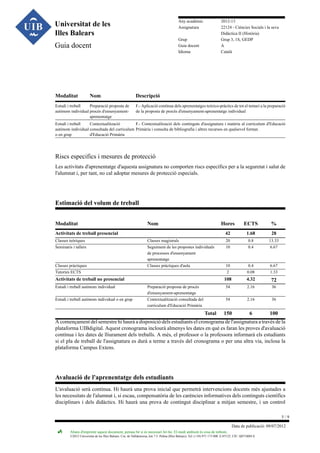 Any acadèmic
Assignatura

Universitat de les
Illes Balears

Grup
Guia docent
Idioma

Guia docent

Modalitat

Nom

Estudi i treball
Preparació proposta de
autònom individual procés d'ensenyamentaprenentatge

2012-13
22124 - Ciències Socials i la seva
Didàctica II (Història)
Grup 3, 1S, GEDP
A
Català

Descripció
F.- Aplicació contínua dels aprenentatges teòrico-pràctics de tot el temari a la preparació
de la proposta de procés d'ensenyament-aprenentatge individual

Estudi i treball
Contextualització
F.- Contextualització dels continguts d'assignatura i matèria al curriculum d'Educació
autònom individual consultada del curriculum Primària i consulta de bibliografia i altres recursos en qualsevol format.
o en grup
d'Educació Primària

Riscs especifics i mesures de protecció
Les activitats d'aprenentatge d'aquesta assignatura no comporten riscs específics per a la seguretat i salut de
l'alumnat i, per tant, no cal adoptar mesures de protecció especials.

Estimació del volum de treball
Modalitat

Nom

Hores
42

Classes teòriques
Seminaris i tallers

Classes pràctiques
Tutories ECTS
Estudi i treball autònom individual
Estudi i treball autònom individual o en grup

Preparació proposta de procés
d'ensenyament-aprenentatge
Contextualització consultada del
curriculum d'Educació Primària

Total

28

0.8
0.4

13.33
6.67

10
2

0.4
0.08

6.67
1.33

4.32

72

2.16

36

54

Activitats de treball no presencial

1.68

54

Classes magistrals
Seguiment de les propostes individuals
de processos d'ensenyament
aprenentatge
Classes pràctiques d'aula

20
10

108

Activitats de treball presencial

ECTS

%

2.16

36

150

6

100

A començament del semestre hi haurà a disposició dels estudiants el cronograma de l'assignatura a través de la
plataforma UIBdigital. Aquest cronograma inclourà almenys les dates en què es faran les proves d'avaluació
contínua i les dates de lliurament dels treballs. A més, el professor o la professora informarà els estudiants
si el pla de treball de l'assignatura es durà a terme a través del cronograma o per una altra via, inclosa la
plataforma Campus Extens.

Avaluació de l'aprenentatge dels estudiants
L'avaluació serà contínua. Hi haurà una prova inicial que permetrà intervencions docents més ajustades a
les necessitats de l'alumnat i, si escau, compensatòria de les carències informatives dels continguts científics
disciplinars i dels didàctics. Hi haurà una prova de contingut disciplinar a mitjan semestre, i un control
5/9
Data de publicació: 09/07/2012
Abans d'imprimir aquest document, pensau bé si és necessari fer-ho. El medi ambient és cosa de tothom.

©2012 Universitat de les Illes Balears. Cra. de Valldemossa, km 7.5. Palma (Illes Balears). Tel: (+34) 971 173 000. E-07122. CIF: Q0718001A

 