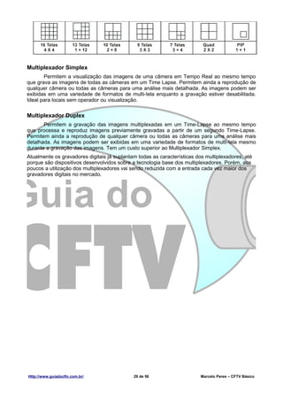 Multiplexador Simplex
       Permitem a visualização das imagens de uma câmera em Tempo Real ao mesmo tempo
que grava as imagens de todas as câmeras em um Time Lapse. Permitem ainda a reprodução de
qualquer câmera ou todas as câmeras para uma análise mais detalhada. As imagens podem ser
exibidas em uma variedade de formatos de multi-tela enquanto a gravação estiver desabilitada.
Ideal para locais sem operador ou visualização.


Multiplexador Duplex
       Permitem a gravação das imagens multiplexadas em um Time-Lapse ao mesmo tempo
que processa e reproduz imagens previamente gravadas a partir de um segundo Time-Lapse.
Permitem ainda a reprodução de qualquer câmera ou todas as câmeras para uma análise mais
detalhada. As imagens podem ser exibidas em uma variedade de formatos de multi-tela mesmo
durante a gravação das imagens. Tem um custo superior ao Multiplexador Simplex.
Atualmente os gravadores digitais já suplantam todas as características dos multiplexadores, até
porque são dispositivos desenvolvidos sobre a tecnologia base dos multiplexadores. Porém, aos
poucos a utilização dos multiplexadores vai sendo reduzida com a entrada cada vez maior dos
gravadores digitais no mercado.




Http://www.guiadocftv.com.br/                29 de 56                     Marcelo Peres – CFTV Básico
 
