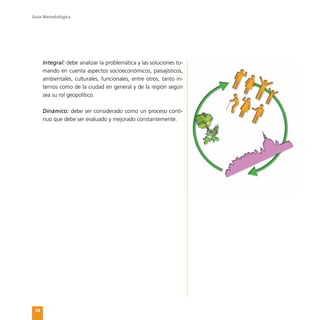 Guía Metodológica
14
	 Integral: debe analizar la problemática y las soluciones to-
mando en cuenta aspectos socioeconómicos, paisajísticos,
ambientales, culturales, funcionales, entre otros, tanto in-
ternos como de la ciudad en general y de la región según
sea su rol geopolítico.
	 Dinámico: debe ser considerado como un proceso conti-
nuo que debe ser evaluado y mejorado constantemente.
 