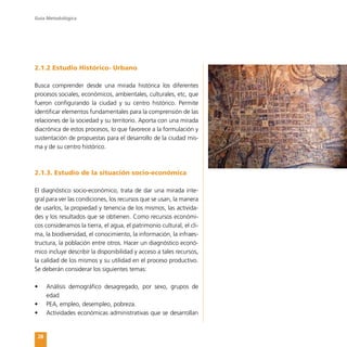 Guía Metodológica
28
2.1.2 Estudio Histórico- Urbano
Busca comprender desde una mirada histórica los diferentes
procesos sociales, económicos, ambientales, culturales, etc, que
fueron configurando la ciudad y su centro histórico. Permite
identificar elementos fundamentales para la comprensión de las
relaciones de la sociedad y su territorio. Aporta con una mirada
diacrónica de estos procesos, lo que favorece a la formulación y
sustentación de propuestas para el desarrollo de la ciudad mis-
ma y de su centro histórico.
2.1.3. Estudio de la situación socio-económica
El diagnóstico socio-económico, trata de dar una mirada inte-
gral para ver las condiciones, los recursos que se usan, la manera
de usarlos, la propiedad y tenencia de los mismos, las activida-
des y los resultados que se obtienen. Como recursos económi-
cos consideramos la tierra, el agua, el patrimonio cultural, el cli-
ma, la biodiversidad, el conocimiento, la información, la infraes-
tructura, la población entre otros. Hacer un diagnóstico econó-
mico incluye describir la disponibilidad y acceso a tales recursos,
la calidad de los mismos y su utilidad en el proceso productivo.
Se deberán considerar los siguientes temas:
•	 Análisis demográfico desagregado, por sexo, grupos de
edad
•	 PEA, empleo, desempleo, pobreza.
•	 Actividades económicas administrativas que se desarrollan
 
