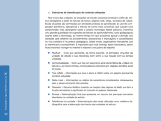 EnsinandoeaprendendocomasTIC
22
a)	 Estruturas de classificação de conteúdo utilizadas
Nos textos das unidades, as situações de estudo propostas enfatizam a reflexão teó-
rico-pedagógica a partir de leituras de textos, páginas web, blogs, recepção de vídeos.
Essas situações são permeadas por atividades práticas de aprendizado do uso do com-
putador (periféricos, aplicativos) e leituras de cunho mais conceitual, que buscam uma
compreensão mais abrangente sobre a própria tecnologia. Neste percurso, inserimos
uma grande quantidade de sugestões de leituras de aprofundamento, tanto pedagógicas
quanto sobre a tecnologia, ao mesmo tempo em que buscamos aguçar a atenção dos
cursistas para detalhes de procedimentos operacionais e implicações e possibilidades
na vida cotidiana e na prática pedagógica. Desse modo, organizamos marcadores que
as identificam e acompanham. É importante que você conheça esses marcadores, assim
ficará mais fácil navegar no material e elaborar o seu plano de trabalho:
„„ Abertura – Texto que apresenta, de forma suscinta, os principais conceitos da
unidade de estudo e sua relevância, bem como a sua relação com as demais
unidades.
„„ Contextualização – Texto que traz um panorama geral da temática da unidade de
estudo e, ao mesmo tempo, contextualiza os conceitos em relação à temática geral
do curso.
„„ Para refletir – Informação que leva o aluno a refletir sobre um aspecto pontual da
temática estudada.
„„ Saiba mais – Informações ou relatos de experiência considerados interessantes
para o desenvolvimento dos estudos.
„„ Glossário – Recurso didático inserido na margem das páginas de texto que tem a
função de explicar o significado do conceito ou palavra destacada.
„„ Síntese – Sistematização final que apresenta um resumo dos principais conceitos
abordados na unidade de estudo.
„„ Referências da unidade – Sistematização das obras utilizadas como referência bi-
bliográfica para a elaboração dos textos das unidades de estudo.
 