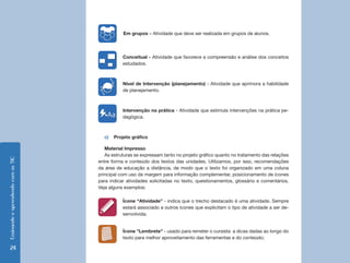 EnsinandoeaprendendocomasTIC
24
c)	 Projeto gráfico
Material Impresso
As estruturas se expressam tanto no projeto gráfico quanto no tratamento das relações
entre forma e conteúdo dos textos das unidades. Utilizamos, por isso, recomendações
da área de educação a distância, de modo que o texto foi organizado em uma coluna
principal com uso da margem para informação complementar, posicionamento de ícones
para indicar atividades solicitadas no texto, questionamentos, glossário e comentários.
Veja alguns exemplos:
Conceitual - Atividade que favorece a compreensão e análise dos conceitos
estudados.
Nível de Intervenção (planejamento) - Atividade que aprimora a habilidade
de planejamento.
Intervenção na prática - Atividade que estimula intervenções na prática pe-
dagógica.
Em grupos – Atividade que deve ser realizada em grupos de alunos.
Ícone “Atividade” - indica que o trecho destacado é uma atividade. Sempre
estará associado a outros ícones que explicitam o tipo de atividade a ser de-
senvolvida;
Ícone "Lembrete" - usado para remeter o cursista a dicas dadas ao longo do
texto para melhor aproveitamento das ferramentas e do conteúdo;
 
