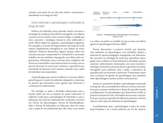 Unidade1
77
cimento como parte do seu dia-a-dia, desde o nascimento e
estendendo-se ao longo da vida?
Como estimular a aprendizagem continuada ao
longo da vida?
Embora um indivíduo possa aprender muitos conceitos e
estratégias de resolução de problema interagindo com objetos
e pessoas do seu mundo, como mostrou Piaget, á medida que
esses conceitos e estratégias tornam-se mais sofisticados é
muito difícil adquiri-los segundo a aprendizagem piagetiana.
Por exemplo, o conceito de trigonometria não surge de modo
natural, simplesmente interagindo-se com objetos do nosso
ambiente. Podemos desenvolver alguma intuição sobre esse
conceito, mas para compreendê-lo e formalizá-lo é necessário
trabalhar em una ambiente impregnado com idéias sobre tri-
gonometria. Entretanto, esses conceitos mais complexos não
devem ser transmitidos como fazemos hoje nas escolas, mas as
pessoas deveriam ter meios para continuar a aprendê-los por
intermédio da interação com o mundo, contando com a ajuda
de indivíduos mais experientes.
A aprendizagem que ocorre na infância e na terceira idade é
possível graças á criação de ambientes adequados e á presença
de pessoas que funcionam como agentes que favorecem a
construção de conhecimento.
Por exemplo, as aulas e atividades educacionais para a
terceira idade não são as mesmas da escola tradicional. O
ambiente criado para a aprendizagem de informática e para a
elaboração do jornal foi explicitamente construído com base
em Teorias de Aprendizagem, Teorias da Interdisciplinari-
dade e Teorias da Informática na Educação, além de contar
com a ajuda de um profissional que sabe sobre essas teorias
e as coloca em prática na medida cm que se torna um efetivo
agente de aprendizagem (Kachar, 2000).
Dessas observações é possível concluir que devemos
criar ambientes de aprendizagem com atividades, objetos e
materiais de suporte pedagógico impregnado com determina-
dos conceitos ou estratégias de modo que aprendizes, intera-
gindo com os objetos ou desenvolvendo as atividades, possam
construir conhecimentos relacionados com esses conceitos e
estratégias.Entretanto,nãobastadeixarosaprendizessozinhos,
interagindo nesse ambiente. Sem a ajuda, a experiência de
aprender pode ser frustrante e ineficiente. É importante contar
com a presença de agentes de aprendizagem, que entendem
sobre aprendizagem e podem auxiliar nesse processo.
Assim, se o propósito é facilitar a aprendizagem continuada
ao longo da vida, a sociedade deve oferecer recursos e mecanis-
mos para as pessoas satisfazerem o desejo de aprender usando
a predisposição de aprendizagem que demonstram desde os
primeiros minutos de vida. A sociedade deveria estar conscien-
te de que as pessoas aprendem de diferentes maneiras e deveria
oferecer vários tipos de ambientes de aprendizagem.
A predisposição para a aprendizagem é parte da consti-
tuição humana, e se a escola cultivá-la, em vez de castrá-la,
Figura 2 - Predisposições de aprendizagem continuada ao
longo da vida.
 