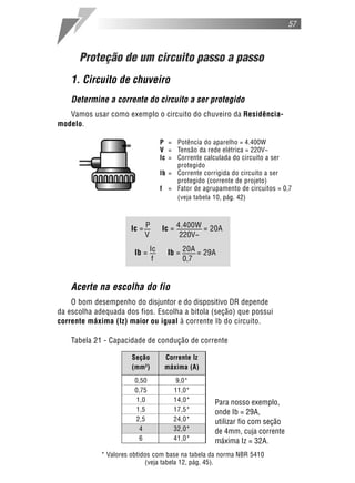 57



      Proteção de um circuito passo a passo
    1. Circuito de chuveiro
    Determine a corrente do circuito a ser protegido
   Vamos usar como exemplo o circuito do chuveiro da Residência-
modelo.

                                  P = Potência do aparelho = 4.400W
                                  V = Tensão da rede elétrica = 220V~
                                  Ic = Corrente calculada do circuito a ser
                                       protegido
                                  Ib = Corrente corrigida do circuito a ser
                                       protegido (corrente de projeto)
                                  f = Fator de agrupamento de circuitos = 0,7
                                       (veja tabela 10, pág. 42)



                      Ic = P      Ic = 4.400W = 20A
                           V            220V~

                        Ib = Ic     Ib = 20A = 29A
                              f          0,7


    Acerte na escolha do fio
    O bom desempenho do disjuntor e do dispositivo DR depende
da escolha adequada dos fios. Escolha a bitola (seção) que possui
corrente máxima (Iz) maior ou igual à corrente Ib do circuito.

    Tabela 21 - Capacidade de condução de corrente

                       Seção       Corrente Iz
                       (mm 2)      máxima (A)

                        0,50           9,0*
                        0,75          11,0*
                        1,0           14,0*        Para nosso exemplo,
                        1,5           17,5*        onde Ib = 29A,
                        2,5           24,0*        utilizar fio com seção
                          4           32,0*        de 4mm, cuja corrente
                          6           41,0*        máxima Iz = 32A.
             * Valores obtidos com base na tabela da norma NBR 5410
                            (veja tabela 12, pág. 45).
 
