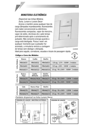 105



      MINUTERIA ELETRÔNICA
     Disponível nas linhas Módena,
     Duna, Lunare e Lunare Decor
     Aciona e mantém acesa qualquer tipo de
carga (lâmpadas incandescentes, fluorescentes
com reator convencional ou eletrônico,
fluorescentes compactas, vapor de mercúrio,
vapor de sódio, dicróicas etc.) pelo tempo
pré-determinado após o acionamento do
pulsador. Não consome energia quando a
carga está desligada. Possui reset : em
qualquer momento que o pulsador for
acionado, a minuteria reinicia a contagem
de tempo sem desligar a lâmpada.                                    Lunare
Ideal para saguão, corredores, escadas e locais de passagem rápida.




•Também disponível na linha Lunare Decor.
 