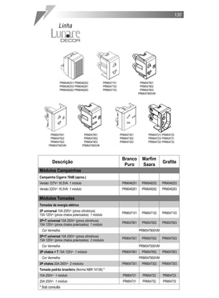 130

             Linha




              PRM046251/ PRM046252              PRM047101                 PRM047801
              PRM046253/ PRM046261              PRM047102                 PRM047802
              PRM046262/ PRM046263              PRM047103                 PRM047803
                                                                         PRM047800VM




       PRM047501                PRM047851                   PRM047301          PRM04721/ PRM04722
       PRM047502                PRM047852                   PRM047302          PRM04723/ PRM04731
       PRM047503                PRM047853                   PRM047303          PRM04732/ PRM04733
      PRM047500VM              PRM047850VM



                                                             Branco        Marfim
         Descrição                                                                      Grafite
                                                              Puro         Saara
Módulos Campainhas
Campainha Cigarra 70dB (aprox.)
Versão 127V˜ 16.5VA 1 módulo                                 PRM046251     PRM046252    PRM046253
Versão 220V˜ 16.5VA 1 módulo                                 PRM046261     PRM046262    PRM046263

Módulos Tomadas
Tomadas de energia elétrica
2P universal 10A 250V˜ (pinos cilíndricos)
                                                             PRM047101     PRM047102    PRM047103
15A 125V˜ (pinos chatos polarizados) 1 módulo
2P+T universal 10A 250V˜ (pinos cilíndricos)
                                                             PRM047801     PRM047802    PRM047803
15A 125V˜ (pinos chatos polarizados) 1 módulo
 Cor Vermelha                                                            PRM047800VM
2P+T universal 10A 250V˜ (pinos cilíndricos)
                                                             PRM047501     PRM047502    PRM047503
15A 125V˜ (pinos chatos polarizados) 2 módulos
 Cor Vermelha                                                            PRM047500VM
2P chatos + T 15A 125V˜ 1 módulo                             PRM047851     PRM047852    PRM047853
 Cor Vermelha                                                            PRM047850VM
3P chatos 20A 250V˜ 2 módulos                                PRM047301     PRM047302    PRM047303
Tomada padrão brasileiro (Norma NBR 14136) *
10A 250V˜ 1 módulo                                           PRM04721      PRM04722      PRM04723
20A 250V˜ 1 módulo                                           PRM04731      PRM04732      PRM04733
* Sob consulta
 