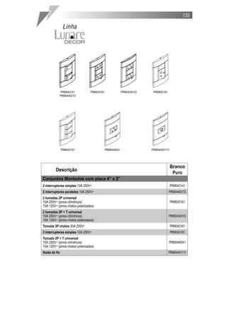 135

                Linha




            PRM043141            PRM043161                PRM043041D    PRM043181
           PRM044021D




               PRM043191                     PRM0440041                PRM044001111




                                                                                      Branco
         Descrição
                                                                                       Puro
Conjuntos Montados com placa 4” x 2”
2 interruptores simples 10A 250V˜                                                     PRM043141
2 interruptores paralelos 10A 250V˜                                                 PRM044021D
2 tomadas 2P universal
10A 250V˜ (pinos cilíndricos)                                                         PRM043161
15A 125V˜ (pinos chatos polarizados)
2 tomadas 2P + T universal
10A 250V˜ (pinos cilíndricos)                                                       PRM043041D
15A 125V˜ (pinos chatos polarizados)
Tomada 3P chatos 20A 250V˜                                                            PRM043181
3 interruptores simples 10A 250V˜                                                     PRM043191
Tomada 2P + T universal
10A 250V˜ (pinos cilíndricos)                                                       PRM0440041
15A 125V˜ (pinos chatos polarizados)
Saída de fio                                                                        PRM04401111
 