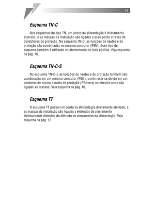 14



    Esquema TN-C
    Nos esquemas do tipo TN, um ponto da alimentação é diretamente
aterrado, e as massas da instalação são ligadas a esse ponto através de
condutores de proteção. No esquema TN-C, as funções de neutro e de
proteção são combinadas no mesmo condutor (PEN). Esse tipo de
esquema também é utilizado no aterramento da rede pública. Veja esquema
na pág. 15.


    Esquema TN-C-S
    No esquema TN-C-S as funções de neutro e de proteção também são
combinadas em um mesmo condutor (PEN), porém este se divide em um
condutor de neutro e outro de proteção (PE/terra) no circuito onde são
ligadas as massas. Veja esquema na pág. 16.


    Esquema TT
     O esquema TT possui um ponto da alimentação diretamente aterrado, e
as massas da instalação são ligadas a eletrodos de aterramento
eletricamente distintos do eletrodo de aterramento da alimentação. Veja
esquema na pág. 17.
 