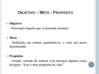OBJETIVO – META - PROPÓSITO
 Objetivo
- Descrição daquilo que se pretende alcançar.
 Meta
- Definição em termos quantitativos, e com um prazo
determinado.
 Propósito
- Grande vontade de realizar e/ou alcançar alguma coisa;
desígnio. “Este é meu propósito de vida.”
 