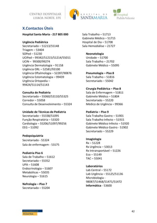 42DEPARTAMENTO DE
PEDIATRIA
X.Contactos Úteis
Hospital Santa Maria - 217 805 000
Urgência Pediátrica
Secretariado – 51213/55148
Triagem – 53404
SOPed – 51230
UCIPed – 99342/51215/51214/55011
UCIN – 99300/99274
Urgência Dermatologia – 91158
Urgência ORL – 52581/93100
Urgência Oftalmologia – 52287/90876
Urgência Estomatologia – 99439
Urgência Ortopedia –
99424/51114/51143
Consulta de Pediatria
Secretariado – 55060/53110/55325
Corredor – 55058
Consulta de Desenvolvimento – 55324
Unidade de Técnicas de Pediatria
Secretariado – 55338/51095
Função Respiratória – 53320
Cardiologia – 55206/51097/99256
EEG – 51092
Pedopsiquiatria
Secretariado - 55324
Sala de enfermagem - 53175
Pediatria Piso 6
Sala de Trabalho – 51612
Secretariado – 55352
UPA – 51608
Endocrinologia – 51607
Metabólicas – 55035
Neurologia – 51615
Nefrologia – Piso 7
Secretariado – 55204
Sala Trabalho – 51713
Gabinete Médico – 51715
Hospital de Dia – 51708
Sala Hemodiálise – 21727
Neonatologia
Unidade – 51700
Sala Trabalho – 21702
Gabinete Médico – 55095
Pneumologia – Piso 8
Sala Trabalho – 51816
Secretariado – 55042
Cirurgia Pediátrica – Piso 8
Sala de Enfermagem – 51811
Gabinete Médico – 51804
Secretariado – 55220
Médico de Urgência – 99366
Pediatria – Piso 9
Sala Trabalho Gastro – 51901
Sala Trabalho Infecto – 51915
Gabinete Médico Infecto – 51920
Gabinete Médico Gastro - 51902
Secretariado – 55229
Imagiologia
Rx – 51228
Rx Urgência – 53013
Rx Intransportável – 51226
Eco – 55149
TAC – 55041
Laboratórios
Lab Central – 55172
Lab Urgência – 55125/51136
Microbiologia -
98087/51468/51471/51472
Informática - 53600
 