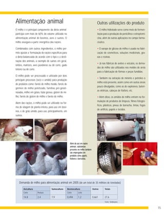 15
• O milho hidratado serve como meio de fermen-
tação para a produção de penicilina e estreptomi-
cina, além de outras aplicações no campo farma-
cêutico.
• O xarope de glicose de milho é usado na fabri-
cação de cosméticos, soluções medicinais, gra-
xas e resinas.
• Já nas fábricas de aviões e veículos, os deriva-
dos de milho são utilizados nos moldes de areia
para a fabricação de fôrmas e peças fundidas.
• Também na extração de minério e petróleo o
milho está presente, assim como em outras áreas
pouco divulgadas, como as de explosivos, bateri-
as elétricas, cabeças de fósforo, etc.
• Além disso, os amidos de milho entram na for-
mulação de produtos de limpeza, filmes fotográ-
ficos, plásticos, pneus de borracha, tintas, fogos
de artifício, papéis e tecidos.
Alimentação animal
O milho é o principal componente da dieta animal:
participa com mais de 60% do volume utilizado na
alimentação animal de bovinos, aves e suínos. O
milho assegura a parte energética das rações.
Combinados com outros ingredientes, o milho per-
mite ajustar a formulação de rações específicas para
a dieta balanceada de acordo com o tipo e a desti-
nação dos animais, a exemplo de suínos em geral,
leitões, matrizes, aves poedeiras ou de corte, gado
leiteiro ou de corte.
O milho pode ser processado e utilizado por dois
principais processos (seco e úmido) para produção
de produtos como: farelo de milho moído, farelo de
gérmen de milho peletizado, farinhas pré-gelati-
nizadas, milho em grãos, fubá grosso, glúten de mi-
lho, farelo de glúten de milho e farelo de milho.
Além das rações, o milho pode ser utilizado na for-
ma de silagem de planta inteira, para uso em bovi-
nos, e de grão úmido, para uso, principalmente, em
suínos.
Outras utilizações do produto
Demanda de milho para alimentação animal em 2005 (de um total de 35 milhões de toneladas)
Avicultura Suinocultura Bovinocultura Outros Totais
Corte Postura Corte Leite
14,8 2,4 7,9 0,494 1,2 0,661 27,6
Fonte: Sindirações
Além do uso em rações
animais, substâncias
presentes no milho também
são empregadas em
produtos como papéis,
fósforos e borrachas.
 