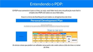 Entendendo o PDP:
O PDP esse semestre é para o time, ou seja, você líder terá uma visualização mais fácil e
simples dos PD...