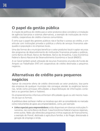 74




     O papel da gestão pública
     A criação de políticas de crédito para o setor produtivo deve considerar a instalação
     de agências bancárias e sistemas alternativos, a exemplo de instituições de micro-
     crédito, cooperativas de crédito e bancos comunitários.
     É certo que o papel dos gestores públicos não é facilitar o acesso ao crédito, e sim
     articular com instituições privadas e públicas a oferta de serviços financeiros ade-
     quados à população e às empresas locais.
     Uma das formas de o município beneficiar o setor produtivo local é captar recursos
     dos programas de desenvolvimento de instituições financeiras privadas e públicas,
     como Banco do Brasil, Banco do Nordeste, Banco da Amazônia, Caixa Econômica
     Federal e Banco Nacional de Desenvolvimento Econômico e Social (BNDES).
     A Lei Geral também prevê utilização de recursos financeiros oriundos do Fundo de
     Amparo ao Trabalhador (FAT) em cooperativas de crédito destinadas a pequenos
     negócios.



     Alternativas de crédito para pequenos
     negócios
     Apesar da crescente oferta de crédito direcionado ao setor produtivo, boa parte
     das empresas de qualquer município não consegue atender às exigências bancá-
     rias, tendo como principais dificuldades a disponibilização de informações contá-
     beis e as garantias (bens e fiadores).
     Os empreendimentos informais enfrentam dificuldades iguais ou até mesmo maio-
     res do que os formais.
     A prefeitura deve conhecer melhor as iniciativas que vêm se consolidando no mercado
     como instrumentos de apoio aos empreendedores, como, por exemplo:
     •	 Linhas especiais para empreendedores: estão disponíveis em diversas instituições fi-
        nanceiras, tais como Banco do Brasil, Caixa Econômica Federal e bancos regionais,
        entre outros. Neles são oferecidos programas e linhas especiais de financiamento,
        a exemplo do Pronaf, destinado à agricultura familiar, e do Proger, direcionado à
        geração de emprego e renda.
 