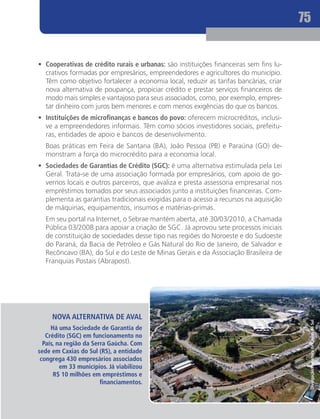 75


•	 Cooperativas de crédito rurais e urbanas: são instituições financeiras sem fins lu-
   crativos formadas por empresários, empreendedores e agricultores do município.
   Têm como objetivo fortalecer a economia local, reduzir as tarifas bancárias, criar
   nova alternativa de poupança, propiciar crédito e prestar serviços financeiros de
   modo mais simples e vantajoso para seus associados, como, por exemplo, empres-
   tar dinheiro com juros bem menores e com menos exigências do que os bancos.
•	 Instituições de microfinanças e bancos do povo: oferecem microcréditos, inclusi-
   ve a empreendedores informais. Têm como sócios investidores sociais, prefeitu-
   ras, entidades de apoio e bancos de desenvolvimento.
	 Boas práticas em Feira de Santana (BA), João Pessoa (PB) e Paraúna (GO) de-
  monstram a força do microcrédito para a economia local.
•	 Sociedades de Garantias de Crédito (SGC): é uma alternativa estimulada pela Lei
   Geral. Trata-se de uma associação formada por empresários, com apoio de go-
   vernos locais e outros parceiros, que avaliza e presta assessoria empresarial nos
   empréstimos tomados por seus associados junto a instituições financeiras. Com-
   plementa as garantias tradicionais exigidas para o acesso a recursos na aquisição
   de máquinas, equipamentos, insumos e matérias-primas.
	 Em seu portal na Internet, o Sebrae mantém aberta, até 30/03/2010, a Chamada
  Pública 03/2008 para apoiar a criação de SGC. Já aprovou sete processos iniciais
  de constituição de sociedades desse tipo nas regiões do Noroeste e do Sudoeste
  do Paraná, da Bacia de Petróleo e Gás Natural do Rio de Janeiro, de Salvador e
  Recôncavo (BA), do Sul e do Leste de Minas Gerais e da Associação Brasileira de
  Franquias Postais (Abrapost).




     NOVA ALTERNATIVA DE AVAL
                                                                                          Divulgação/Prefeitura de Caxias do Sul


     Há uma Sociedade de Garantia de
   Crédito (SGC) em funcionamento no
  País, na região da Serra Gaúcha. Com
sede em Caxias do Sul (RS), a entidade
 congrega 430 empresários associados
         em 33 municípios. Já viabilizou
      R$ 10 milhões em empréstimos e
                        financiamentos.
 