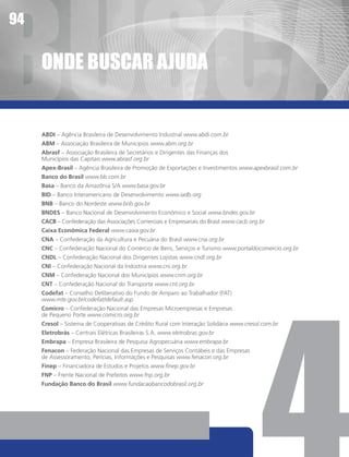 bUSca
94


     Onde bUScaR aJUda


     ABDI – Agência Brasileira de Desenvolvimento Industrial www.abdi.com.br
     ABM – Associação Brasileira de Municípios www.abm.org.br
     Abrasf – Associação Brasileira de Secretários e Dirigentes das Finanças dos
     Municípios das Capitais www.abrasf.org.br
     Apex-Brasil – Agência Brasileira de Promoção de Exportações e Investimentos www.apexbrasil.com.br
     Banco do Brasil www.bb.com.br
     Basa – Banco da Amazônia S/A www.basa.gov.br
     BID – Banco Interamericano de Desenvolvimento www.iadb.org
     BNB – Banco do Nordeste www.bnb.gov.br
     BNDES – Banco Nacional de Desenvolvimento Econômico e Social www.bndes.gov.br
     CACB – Confederação das Associações Comerciais e Empresariais do Brasil www.cacb.org.br
     Caixa Econômica Federal www.caixa.gov.br
     CNA – Confederação da Agricultura e Pecuária do Brasil www.cna.org.br
     CNC – Confederação Nacional do Comércio de Bens, Serviços e Turismo www.portaldocomercio.org.br
     CNDL – Confederação Nacional dos Dirigentes Lojistas www.cndl.org.br
     CNI – Confederação Nacional da Indústria www.cni.org.br
     CNM – Confederação Nacional dos Municípios www.cnm.org.br
     CNT – Confederação Nacional do Transporte www.cnt.org.br
     Codefat – Conselho Deliberativo do Fundo de Amparo ao Trabalhador (FAT)
     www.mte.gov.br/codefat/default.asp
     Comicro – Confederação Nacional das Empresas Microempresas e Empresas
     de Pequeno Porte www.comicro.org.br
     Cresol – Sistema de Cooperativas de Crédito Rural com Interação Solidária www.cresol.com.br
     Eletrobrás – Centrais Elétricas Brasileiras S.A. www.eletrobras.gov.br
     Embrapa – Empresa Brasileira de Pesquisa Agropecuária www.embrapa.br
     Fenacon – Federação Nacional das Empresas de Serviços Contábeis e das Empresas
     de Assessoramento, Perícias, Informações e Pesquisas www.fenacon.org.br
     Finep – Financiadora de Estudos e Projetos www.finep.gov.br
     FNP – Frente Nacional de Prefeitos www.fnp.org.br
     Fundação Banco do Brasil www.fundacaobancodobrasil.org.br
 