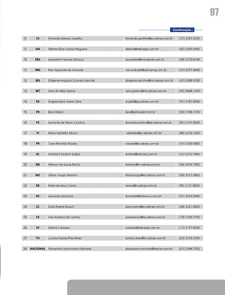 97
                                                                                      Continuação...

8       ES      Fernando Estevez Gadelha          fernando.gadelha@es.sebrae.com.br       (27) 3331-5500


9       GO      Alberto Elias Lustosa Nogueira    alberto@sebraego.com.br                 (62) 3250-2000


10      MA      Jacqueline Fiquene Zeitouni       jacqueline@ma.sebrae.com.br             (98) 3216-6166


11      MG      Nair Aparecida de Andrade         nair.andrade@sebraemg.com.br            (31) 3371-9060


12      MS      Diógenes Augusto Ocampo Sanches   diogenes.sanches@ms.sebrae.com.br       (67) 3389-5590


13      MT      Zaira de Melo Pereira             zaira.pereira@mt.sebrae.com.br          (65) 3648-1200


14      PA      Ângela Maria Soares Silva         angela@pa.sebrae.com.br                 (91) 3181-9000


15      PB      Bera Wilson                       bera@sebraepb.com.br                    (83) 2108-1100


16      PE      Leonardo de Abreu Carolino        leonardocarolino@pe.sebrae.com.br       (81) 2101-8400


17       PI     Maria Valclêdes Moura             valcledes@pi.sebrae.com.br              (86) 3216-1300


18      PR      Cesar Reinaldo Rissete            crissete@pr.sebrae.com.br               (41) 3330-5800


19      RJ      Andréia Crocamo Scaliso           andreia@sebraerj.com.br                 (21) 2212-7800


20      RN      Hélmani de Souza Rocha            helmani@rn.sebrae.com.br                (84) 3616-7900


21      RO      Liliane Cougo Dionisio            lilianecougo@ro.sebrae.com.br           (69) 3217-3800


22      RR      Pedro de Jesus Cerino             cerino@rr.sebrae.com.br                 (95) 2121-8000


23      RS      Leonardo Lamachia                 leonardol@sebrae-rs.com.br              (51) 3216-5000


24      SC      Kátia Regina Rausch               katia.regina@sc.sebrae.com.br           (48) 3221-0800


25      SE      José Américo dos Santos           joseamerico@se.sebrae.com.br            (79) 2106-7700


26      SP      Silvério Crestana                 crestana@sebraesp.com.br                (11) 3177-4500


27      TO      Luciana Soares Pires Retes        luciana.retes@to.sebrae.com.br          (63) 3219-3300


28   NACIONAL Alessandro Vasconcelos Machado      alessandro.machado@sebrae.com.br        (61) 3348-7302
 