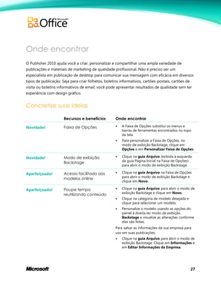 27
Onde encontrar
O Publisher 2010 ajuda você a criar, personalizar e compartilhar uma ampla variedade de
publicações e materiais de marketing de qualidade profissional. Não é preciso ser um
especialista em publicação de desktop para comunicar sua mensagem com eficácia em diversos
tipos de publicação. Seja para criar folhetos, boletins informativos, cartões-postais, cartões de
visita ou boletins informativos de email, você pode apresentar resultados de qualidade sem ter
experiência com design gráfico.
Concretize suas ideias
Recursos e benefícios Onde encontrar
Novidade! Faixa de Opções  A Faixa de Opções substitui os menus e
barras de ferramentas encontrados no topo
da tela.
 Para personalizar a Faixa de Opções, no
modo de exibição Backstage, clique em
Opções e em Personalizar Faixa de Opções.
Novidade! Modo de exibição
Backstage
 Clique na guia Arquivo (exibida à esquerda
da guia Página Inicial na Faixa de Opções)
para abrir o modo de exibição Backstage.
Aperfeiçoado! Acesso facilitado aos
modelos online
 Clique na guia Arquivo na Faixa de Opções
para abrir o modo de exibição Backstage e
clique em Novo.
Aperfeiçoado! Poupe tempo
reutilizando conteúdo
 Clique na guia Arquivo para abrir o modo de
exibição Backstage e clique em Novo.
 Clique na categoria de modelo desejada e
clique para selecionar um modelo.
 Personalize o modelo usando as opções do
painel à direita do modo de exibição
Backstage e visualize as alterações conforme
elas são feitas.
Para salvar as informações da sua empresa para
uso em suas publicações:
 Clique na guia Arquivo para abrir o modo de
exibição Backstage. Clique em Informações e
em Editar Informações da Empresa.
 