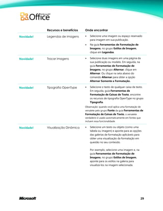 29
Recursos e benefícios Onde encontrar
Novidade! Legendas de imagens  Selecione uma imagem ou espaço reservado
para imagem em sua publicação.
 Na guia Ferramentas de Formatação de
Imagens, no grupo Estilos de Imagem,
clique em Legendas.
Novidade! Trocar imagens  Selecione duas imagens em uma página da
sua publicação ou modelo. Em seguida, na
guia Ferramentas de Formatação de
Imagens, no grupo Alternar, clique em
Alternar. Ou clique na seta abaixo do
comando Alternar para obter a opção
Alternar Somente a Formatação.
Novidade! Tipografia OpenType  Selecione o texto de qualquer caixa de texto.
Em seguida, guia Ferramentas de
Formatação de Caixas de Texto, encontre
os recursos de tipografia OpenType no grupo
Tipografia.
Observação: quando você aplica uma formatação de
versalete pelo grupo Fonte da guia Ferramentas de
Formatação de Caixas de Texto, o versalete
verdadeiro é usado automaticamente em fontes que
incluem essa funcionalidade.
Novidade! Visualização Dinâmica  Selecione um texto ou objeto (como uma
tabela ou imagem) e aponte para as opções
das galerias de formatação aplicáveis para
obter uma visualização da formatação em
questão no seu conteúdo.
Por exemplo, selecione uma imagem e, na
guia Ferramentas de Formatação de
Imagens, no grupo Estilos de Imagem,
aponte para os estilos na galeria para
visualizá-los na imagem selecionada.
 