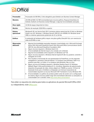 43
Processador Processador de 500 MHz; 1 GHz obrigatório para Outlook com Business Contact Manager
Memória 256 MB de RAM; 512 MB recomendável para recursos gráficos, Pesquisa Instantânea do
Outlook, Outlook com Business Contact Manager, e algumas funcionalidades avançadas.
Disco rígido 3,0 GB de espaço disponível em disco
Monitor Monitor de resolução 1024x768 ou superior
Sistema
operacional
Windows® XP com Service Pack (SP) 3 (somente sistema operacional de 32 bits) ou Windows
Vista® com SP1, Windows 7, Windows Server® 2003 R2 com MSXML 6.0, Windows Server
2008, ou sistemas operacionais posteriores de 32 ou 64 bits.
Gráficos A aceleração de hardware gráfico requer uma placa gráfica DirectX® 9.0c com memória de
vídeo de 64 MB ou mais.
Observações
adicionais
 Algumas funcionalidades avançadas requerem conectividade com o Microsoft Exchange
Server 2010, Microsoft SharePoint Server 2010, Microsoft Office Communications Server
2007 R2, e/ou Microsoft SharePoint Foundation 2010.
 Alguns recursos requerem o Windows Search 4.0.
 A funcionalidade de Internet requer uma conexão com a Internet.
 Algumas funcionalidades online requerem um Windows Live™ ID.
 Alguns recursos requerem o Windows Internet Explorer® (IE) 6 ou posterior, somente o
navegador de 32 bits.
 Para visualizar a transmissão de uma apresentação do PowerPoint, um dos seguintes
navegadores é necessário: Internet Explorer 7 ou posterior para Windows, Safari 4 ou
posterior para Mac, ou Firefox 3.5 ou posterior para Windows, Mac ou Linux.
 Alguns recursos do OneNote requerem o Windows Desktop Search 3.0, Windows
Media® Player 9, Microsoft ActiveSync® 4.1, microfone, dispositivo de saída de áudio,
dispositivo de gravação de vídeo, câmera digital com TWAIN ou scanner. O Driver de
Impressão Enviar para o OneNote e a Integração com Serviços Corporativos de
Conectividade requerem os recursos Microsoft .NET Framework 3.5 e/ou Windows XPS.
 A funcionalidade e os gráficos do produto podem variar de acordo com a configuração
do sistema. Alguns recursos podem exigir itens de hardware adicionais ou avançados ou
conectividade com o servidor; visite http://www.office.com/products.
Para obter os requisitos do sistema para todos os aplicativos do pacote Microsoft Office 2010
ou independente, visite Office.com.
 
