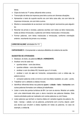 115
letras.
Cópia do texto do 7º cartaz utilizando letra cursiva.
Transcrição de letras de imprensa para letra cursiva em diversas situações.
Apresentar o texto de suporte escrito ora com letra caixa alta, ora com letra de
imprensa minúscula, ora com letra cursiva.
Mostrar a necessidade de se escrever com letra legível: escrevemos para alguém
ler.
Recortar de jornais e revistas, palavras escritas com todas as letra maiúsculas,
todas as letras minúsculas, e palavras com letras maiúsculas e minúsculas.
Formar palavras, com letras maiúsculas e minúsculas, conforme orientação
anterior, recortando de jornais e ou revistas.
LIVRO DO ALUNO: atividades 8 e 13
CAPACIDADE 5 –Compreender a natureza alfabética do sistema de escrita
SUGESTÃO DE ATIVIDADES
Destacar, do texto, as palavras BELO e HORIZONTE.
Analisar uma de cada vez:
quantas letras – sons das letras;
quantas sílabas – sons das sílabas;
analisar o som da sílaba HO, focando que o h é mudo;
analisar o som do zon em horizonte, comparando-o com a sílaba zo, na
palavra zona e
comparar palavras onde o n torna o som da sílaba nasalado, ex: pote – ponte.
Trabalhar com o alfabeto e sílabas móveis.
Identificar diferentes letras nas palavras quero – cidade – belo – horizonte e em
outras palavras formadas com sílabas já trabalhadas.
Listar o nome dos pontos turísticos de BH. Ler com os alunos. Mostrar um cartão
com uma determinada letra para o aluno marcá-la nas palavras listadas. Esta
mesma atividade pode ser realizada com outras palavras ou com frases.
Listar palavras que tenham a mesma sílaba em variados lugares da palavra. Ex.
bola – laranja – calada. Ler as palavras, juntamente com a turma, depois pedir
aos alunos que circulem a sílaba repetida em todas as palavras, no caso do
exemplo, a sílaba la.
 
