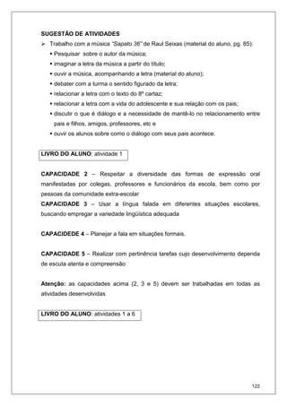 122
SUGESTÃO DE ATIVIDADES
Trabalho com a música “Sapato 36” de Raul Seixas (material do aluno, pg. 85):
Pesquisar sobre o autor da música;
imaginar a letra da música a partir do título;
ouvir a música, acompanhando a letra (material do aluno);
debater com a turma o sentido figurado da letra;
relacionar a letra com o texto do 8º cartaz;
relacionar a letra com a vida do adolescente e sua relação com os pais;
discutir o que é diálogo e a necessidade de mantê-lo no relacionamento entre
pais e filhos, amigos, professores, etc e
ouvir os alunos sobre como o diálogo com seus pais acontece.
LIVRO DO ALUNO: atividade 1
CAPACIDADE 2 – Respeitar a diversidade das formas de expressão oral
manifestadas por colegas, professores e funcionários da escola, bem como por
pessoas da comunidade extra-escolar
CAPACIDADE 3 – Usar a língua falada em diferentes situações escolares,
buscando empregar a variedade lingüística adequada
CAPACIDEDE 4 – Planejar a fala em situações formais.
CAPACIDADE 5 – Realizar com pertinência tarefas cujo desenvolvimento dependa
de escuta atenta e compreensão
Atenção: as capacidades acima (2, 3 e 5) devem ser trabalhadas em todas as
atividades desenvolvidas
LIVRO DO ALUNO: atividades 1 a 6
 