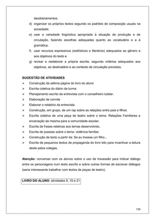 129
desdobramentos;
d) organizar os próprios textos segundo os padrões de composição usuais na
sociedade;
e) usar a variedade lingüística apropriada à situação de produção e de
circulação, fazendo escolhas adequadas quanto ao vocabulário e a à
gramática;
f) usar recursos expressivos (estilísticos e literários) adequados ao gênero e
aos objetivos do texto e
g) revisar e reelaborar a própria escrita, segundo critérios adequados aos
objetivos, ao destinatário e ao contexto de circulação previstos.
SUGESTÃO DE ATIVIDADES
Construção da sétima página do livro do aluno
Escrita coletiva do diário da turma
Planejamento escrito da entrevista com o conselheiro tutelar.
Elaboração de convite
Elaborar o relatório da entrevista
Construção, em grupo, de um rap sobre as relações entre pais e filhos
Escrita coletiva de uma peça de teatro sobre o tema: Relações Familiares e
encenação da mesma para a comunidade escolar.
Escrita de frases relativas aos temas desenvolvido.
Escrita de poesias sobre o tema: violência familiar.
Construção de texto a partir da: Se eu tivesse um filho...
Escrita de pequenos textos de propaganda do livro lido para incentivar a leitura
deste pelos colegas.
Atenção: conversar com os alunos sobre o uso de travessão para indicar diálogo
entre os personagens num texto escrito e sobre outras formas de escrever diálogos
(seria interessante trabalhar com textos de peças de teatro).
LIVRO DO ALUNO: atividades 9, 19 e 21
 