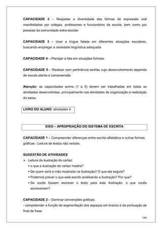 140
CAPACIDADE 2 – Respeitar a diversidade das formas de expressão oral
manifestadas por colegas, professores e funcionários da escola, bem como por
pessoas da comunidade extra-escolar
CAPACIDADE 3 – Usar a língua falada em diferentes situações escolares,
buscando empregar a variedade lingüística adequada
CAPACIDADE 4 – Planejar a fala em situações formais.
CAPACIDADE 5 – Realizar com pertinência tarefas cujo desenvolvimento dependa
de escuta atenta e compreensão
Atenção: as capacidades acima (1 a 5) devem ser trabalhadas em todas as
atividades desenvolvidas, principalmente nas atividades de organização e realização
do sarau.
LIVRO DO ALUNO: atividades 4
EIXO – APROPRIAÇÃO DO SISTEMA DE ESCRITA
CAPACIDADE 1 – Compreender diferenças entre escrita alfabética e outras formas
gráficas - Leitura de textos não verbais.
SUGESTÃO DE ATIVIDADES
Leitura da ilustração do cartaz:
o que a ilustração do cartaz mostra?
De quem será a mão mostrada na ilustração? O que ela segura?
Podemos prever o que está escrito analisando a ilustração? Por que?
Se vocês fossem escrever o texto para esta ilustração, o que vocês
escreveriam?
CAPACIDADE 2 – Dominar convenções gráficas:
- compreender a função de segmentação dos espaços em branco e da pontuação de
final de frase
 