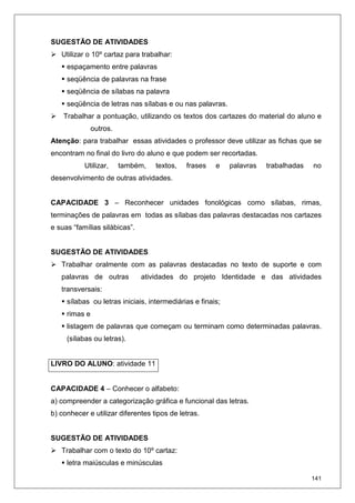 141
SUGESTÃO DE ATIVIDADES
Utilizar o 10º cartaz para trabalhar:
espaçamento entre palavras
seqüência de palavras na frase
seqüência de sílabas na palavra
seqüência de letras nas sílabas e ou nas palavras.
Trabalhar a pontuação, utilizando os textos dos cartazes do material do aluno e
outros.
Atenção: para trabalhar essas atividades o professor deve utilizar as fichas que se
encontram no final do livro do aluno e que podem ser recortadas.
Utilizar, também, textos, frases e palavras trabalhadas no
desenvolvimento de outras atividades.
CAPACIDADE 3 – Reconhecer unidades fonológicas como sílabas, rimas,
terminações de palavras em todas as sílabas das palavras destacadas nos cartazes
e suas “famílias silábicas”.
SUGESTÃO DE ATIVIDADES
Trabalhar oralmente com as palavras destacadas no texto de suporte e com
palavras de outras atividades do projeto Identidade e das atividades
transversais:
sílabas ou letras iniciais, intermediárias e finais;
rimas e
listagem de palavras que começam ou terminam como determinadas palavras.
(sílabas ou letras).
LIVRO DO ALUNO: atividade 11
CAPACIDADE 4 – Conhecer o alfabeto:
a) compreender a categorização gráfica e funcional das letras.
b) conhecer e utilizar diferentes tipos de letras.
SUGESTÃO DE ATIVIDADES
Trabalhar com o texto do 10º cartaz:
letra maiúsculas e minúsculas
 